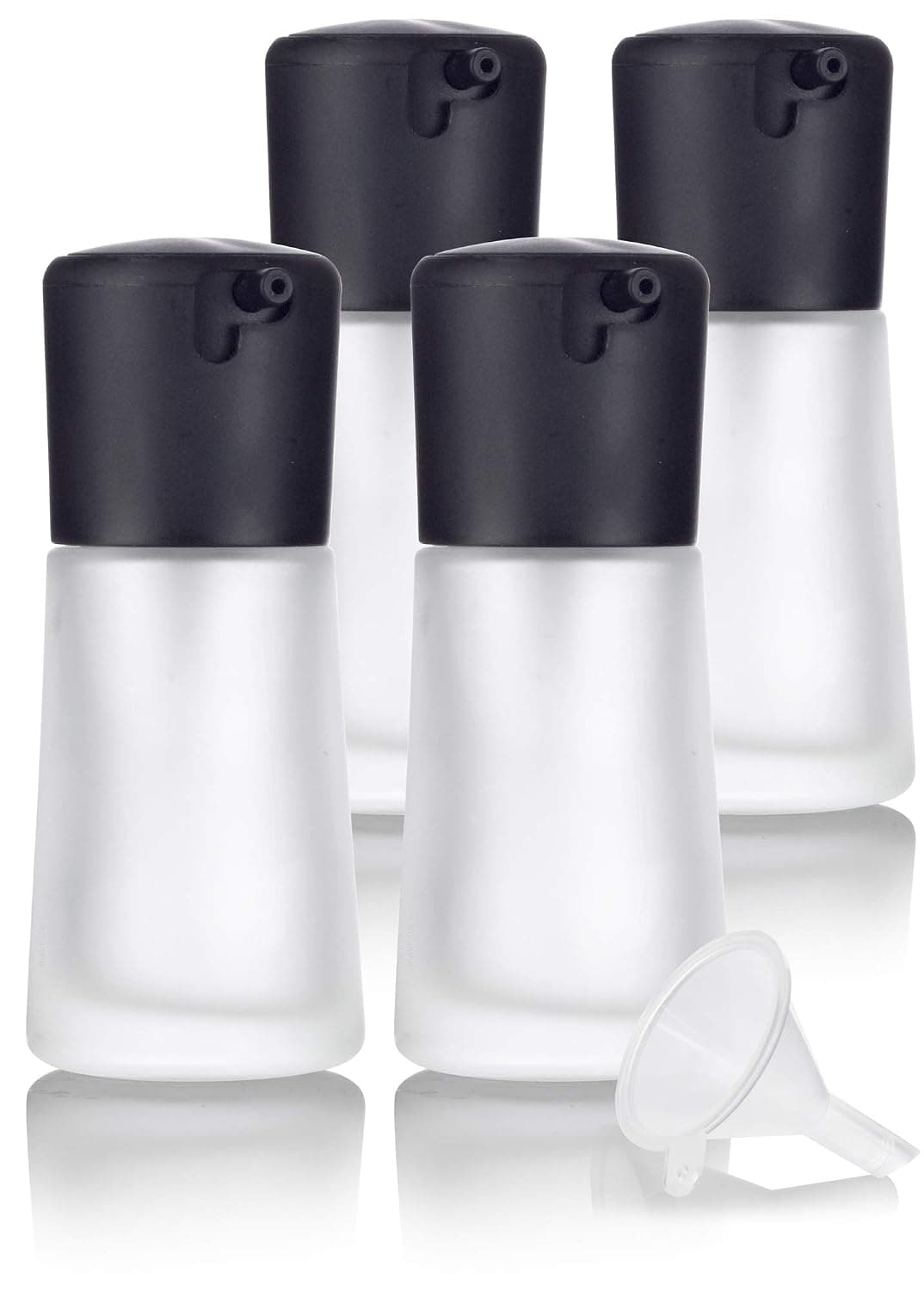 1 oz / 30 ml Frosted Glass Foundation Bottle with Lock Pump Cap - 4 PACK + Funnel for foundations, creams, lotions, serums, and more