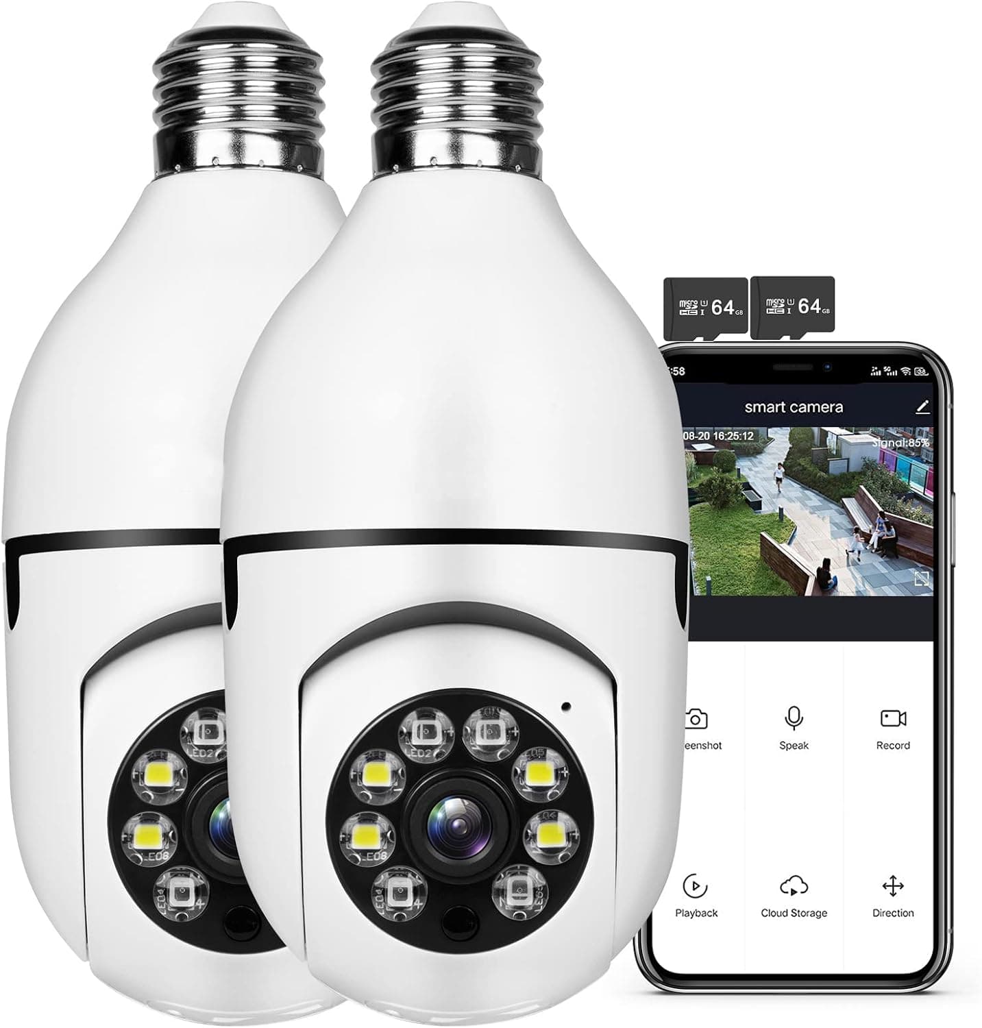 UPULTRA Security Wireless Camera WiFi 1080P Smart for Home Surveillance Screw into The E27 Socket Spotlight Alarm Color Night Vision Two-Way Talk Motion Alarm PTZ 360 Degree(2packs with 64 SD Cards