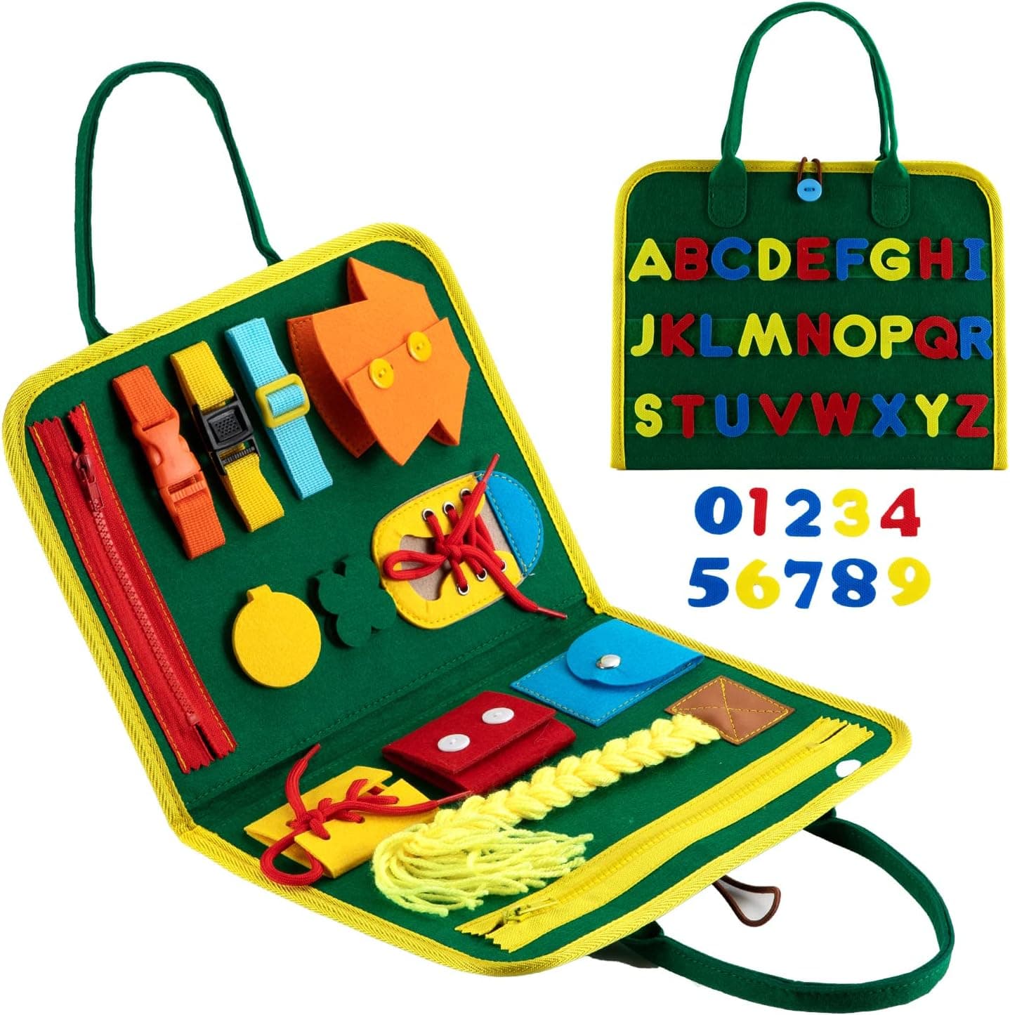 Vefungyan New Busy Board for Toddlers, Montessori Sensory Activity Board for Preschool Learning, Educational Toys for 1 2 3 4 Year Old Boys Girls (Backpack Green)