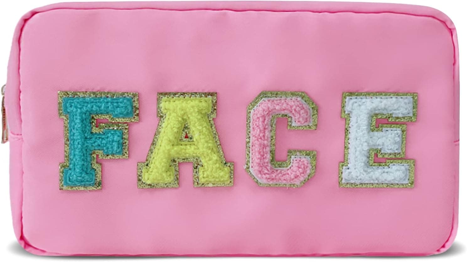 labato Makeup Bag with Chenille Letter Patch, Cute Preppy Patch Cosmetic Bag Stuff Bag, Nylon Zipper Toiletry Bag Makeup Pouch for Women Girls (Pink)