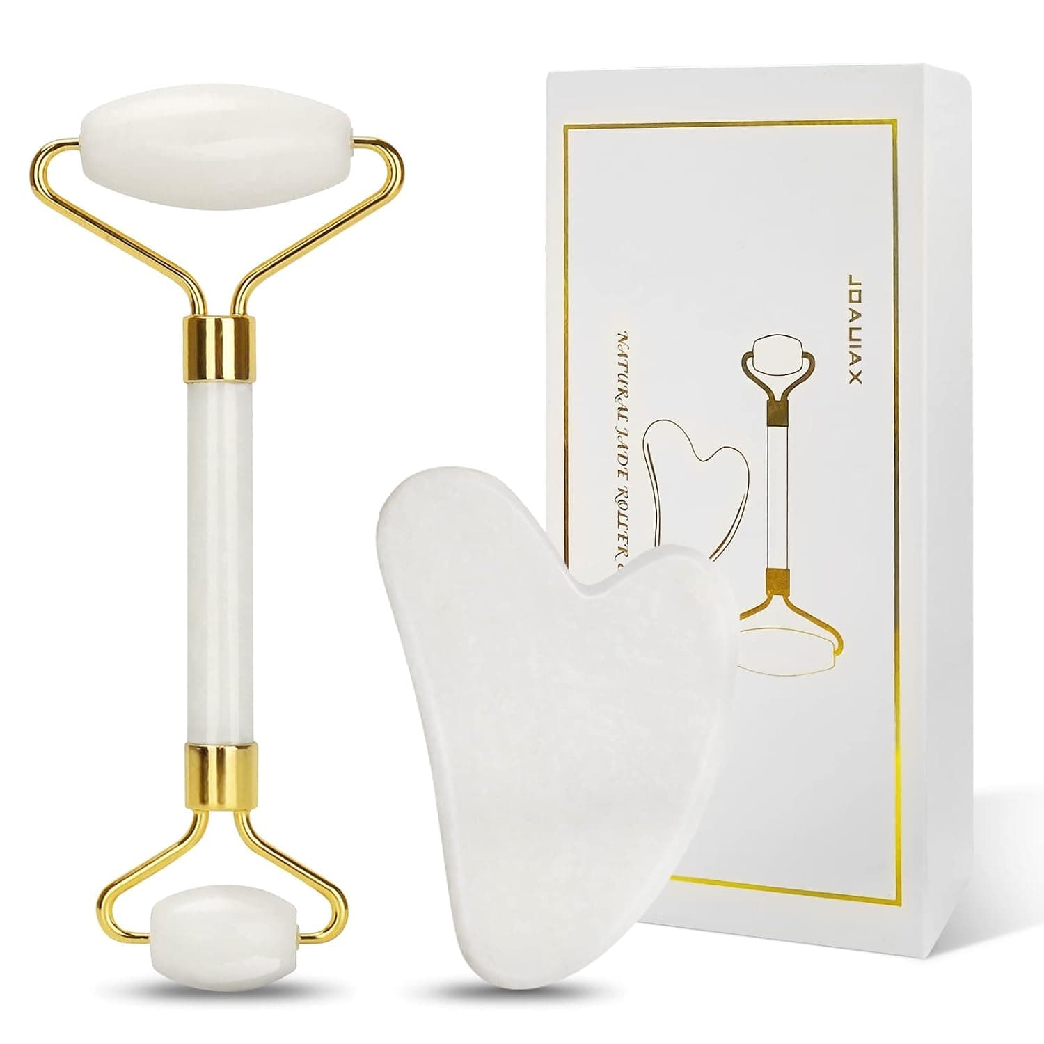 AECW Two in One Authentic Real Natural Jade Roller and Gua Sha Set Scraper Tool Jade Roller for Face Eyes Neck Jade Facial Roller Facial Massage Roller
