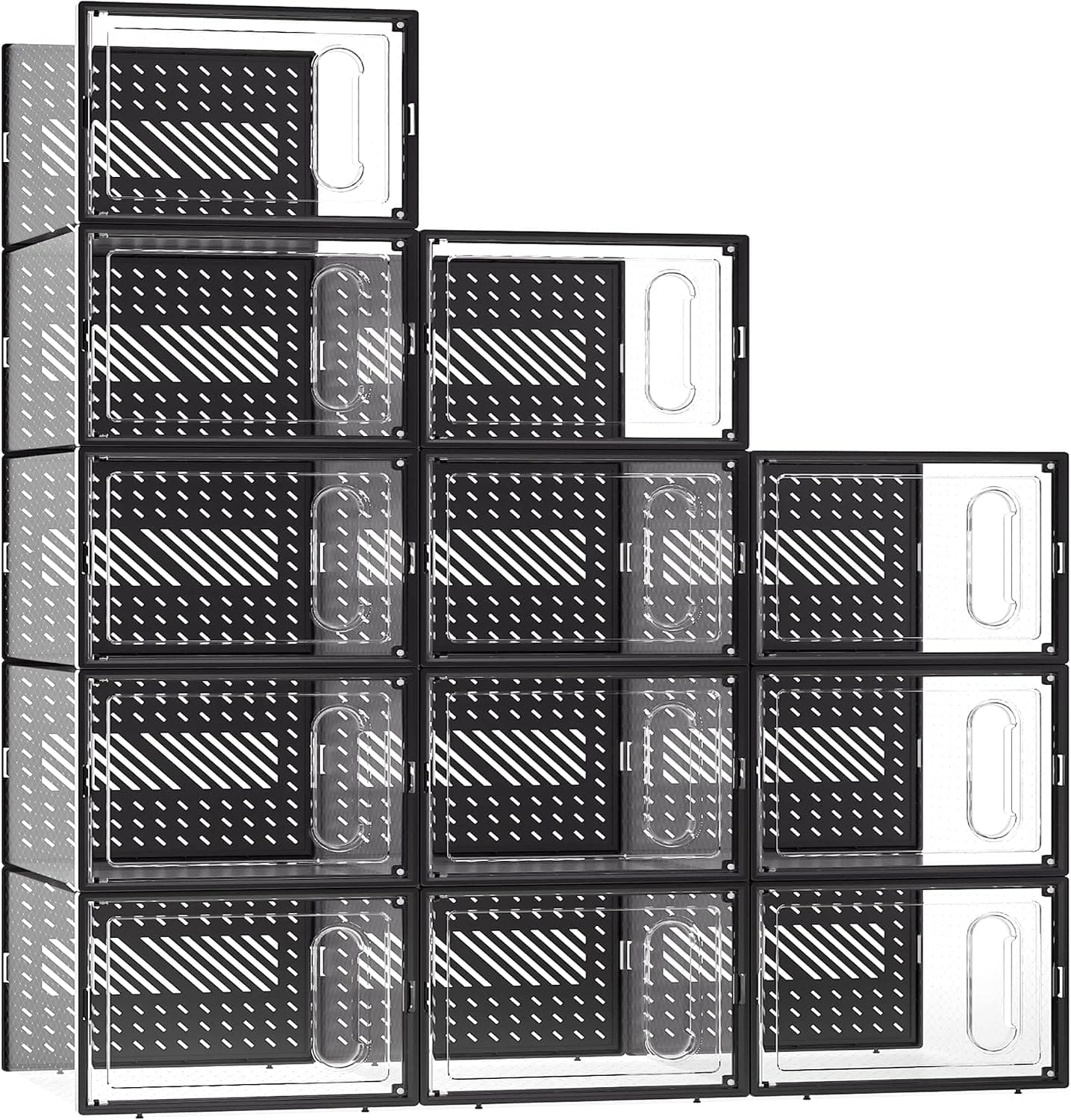 eWonLife Large Shoe Storage Box with Magnetic Door, 12 Pack Clear Plastic Stackable Sneaker Organizer for Closet, Connect Left and Right Shoe Containers Bins for Entryway, Drop Front, Under Bed, Black