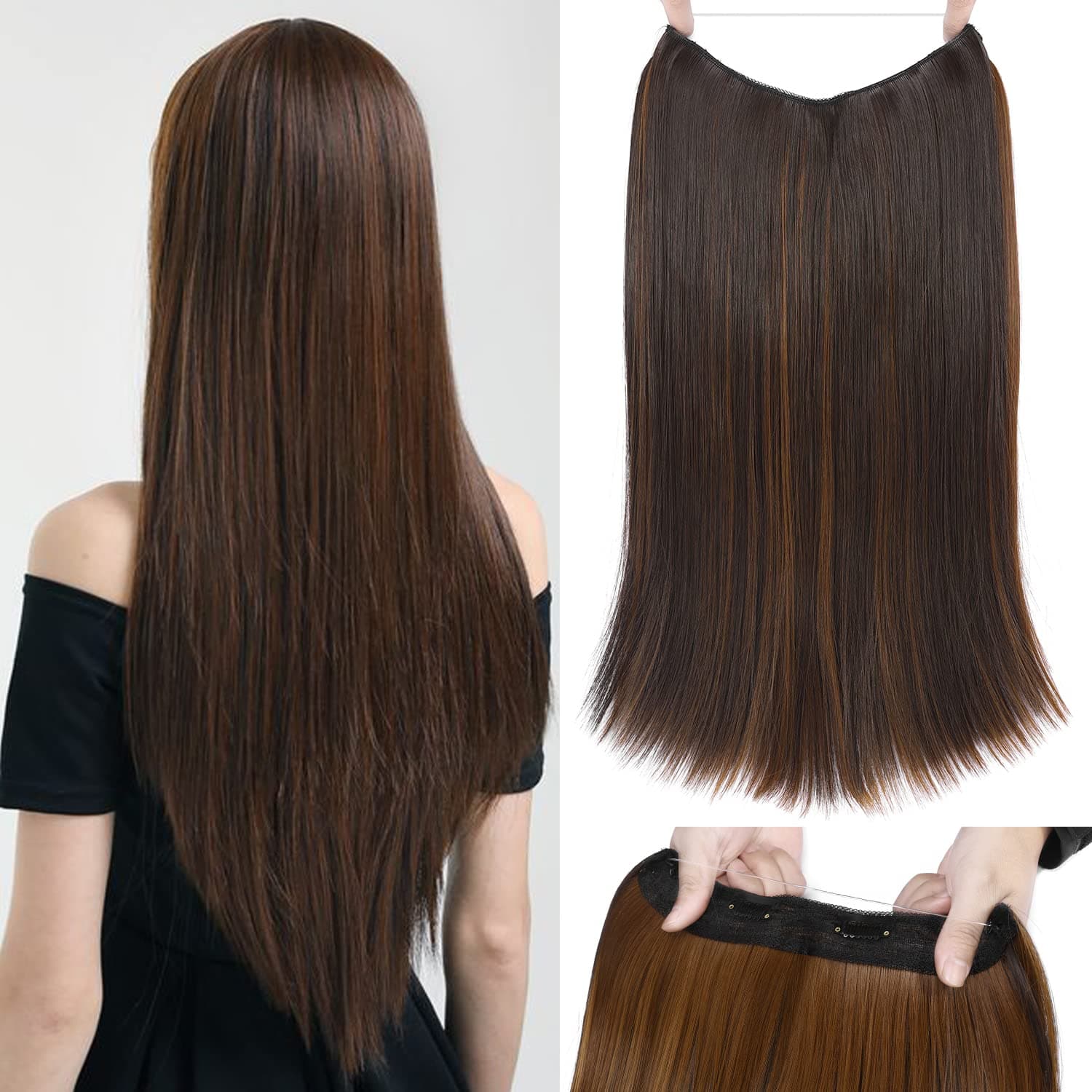 Halo Hair Extensions Thick Invisible Wire Hair Extensions 5 Types Adjustable Headwidth Size 20 Inches Straight Long Artificial Human Hair Hairpiece for Women Girls 140g(4.9oz) (Straight, 8/30A)