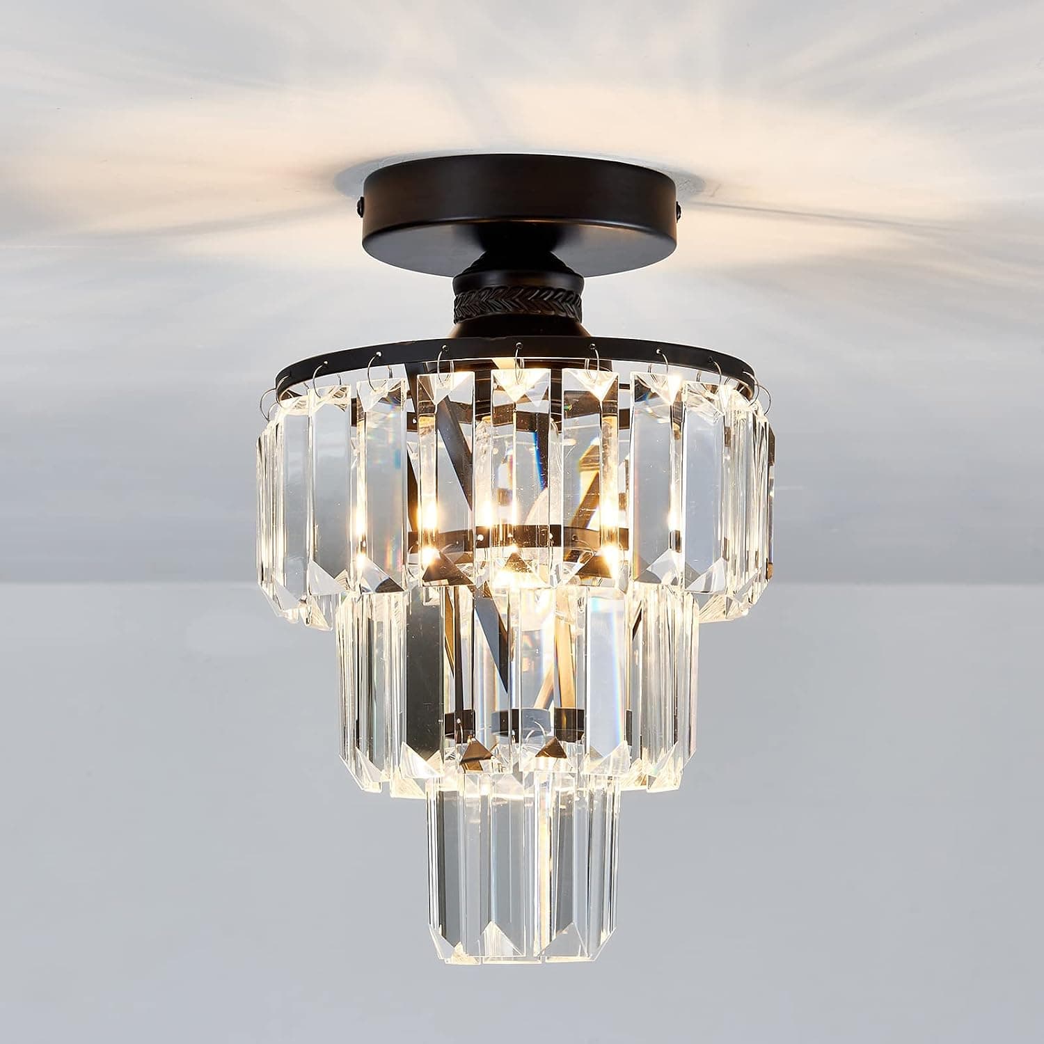 YYJLX Crystal Chandelier 1-Light Flush Mount Ceiling Light Fixture Modern Mini Chandelier Small Ceiling Lamp for Bedroom Living Room Dining Room Hallway Kitchen