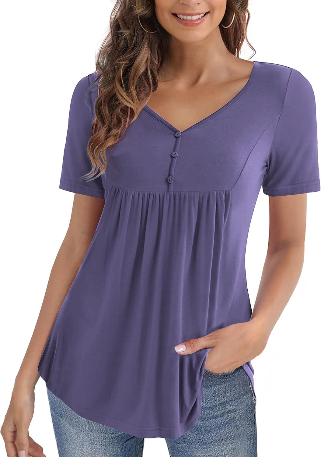 U.Vomade Womens Summer Tops V Neck Buttons Pleated Flared Plus Size Blouses M-4X