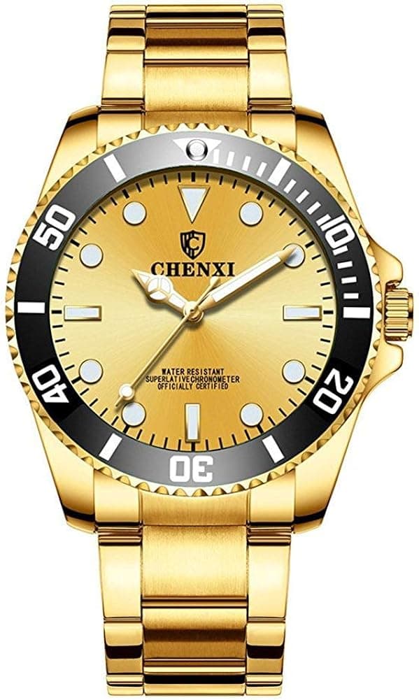MASTOP Mens Watches Rotatable Bezel Business Wrist Watch Classic Silver Stainless Steel Waterproof Quartz Watch (Gold)