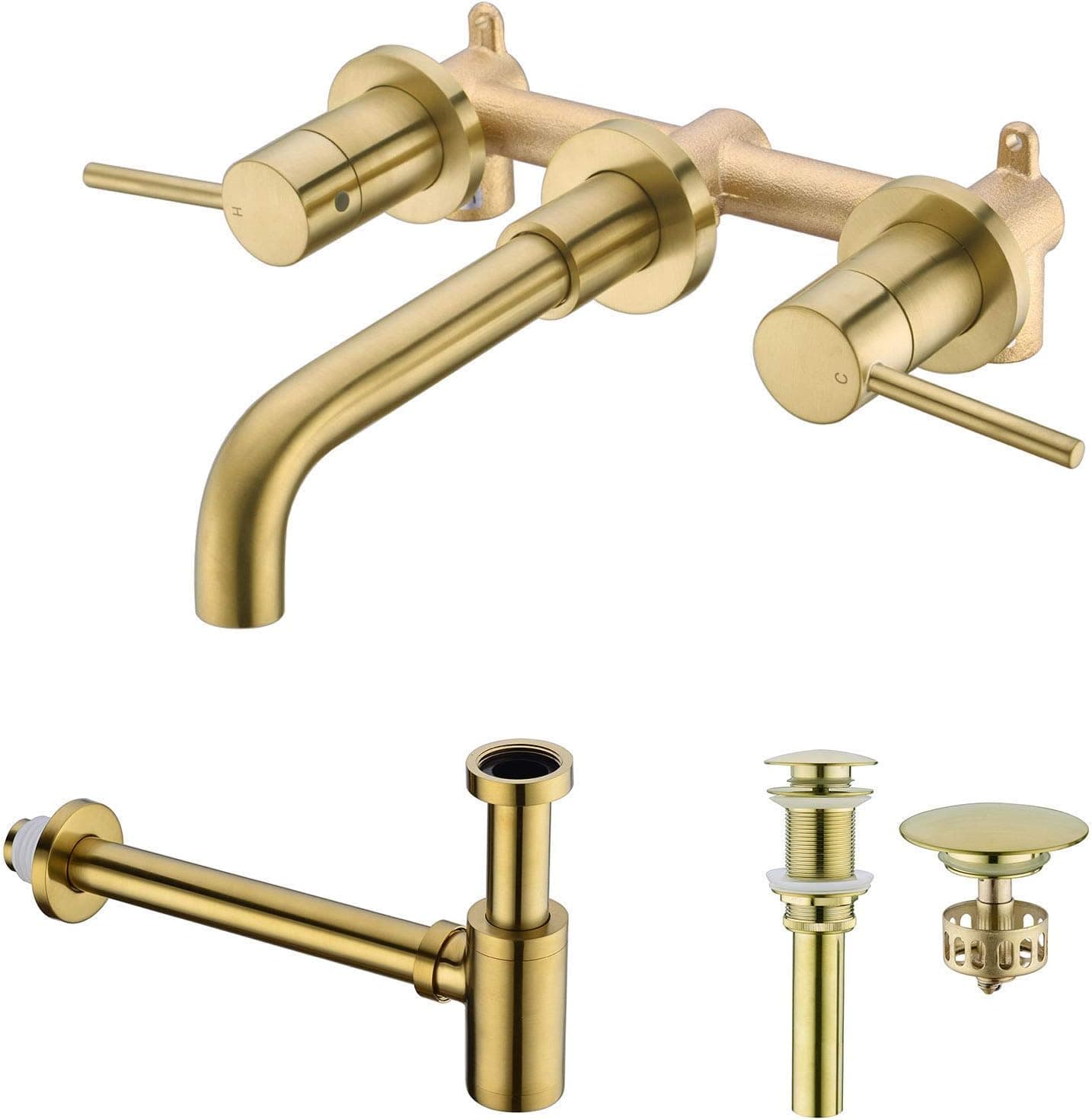 HANEBATH Brushed Gold Wall Mounted Bathroom Faucet, Pop-up Drain Without Overflow, P Trap Kit