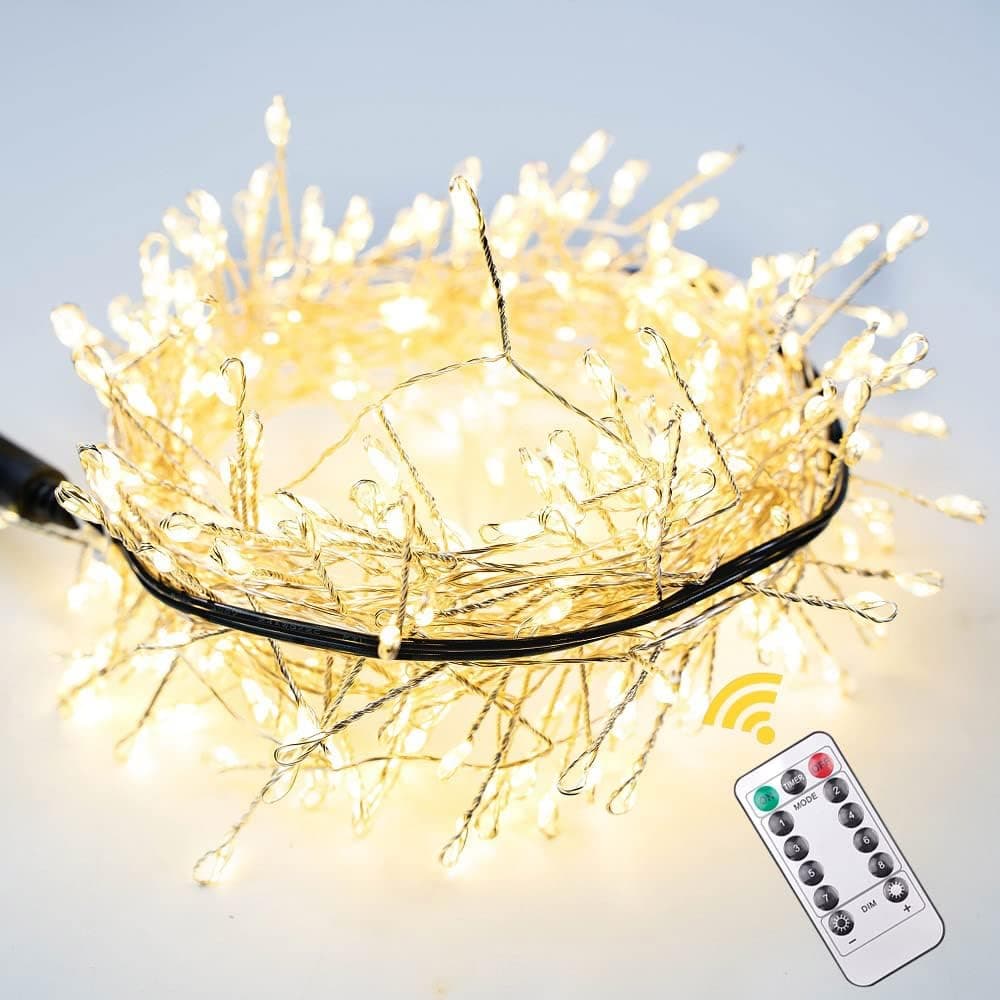 RESNICE 20FT Firecracker String Lights 200 LEDs Warm White Plug in Indoor Silver Wire LED Cluster Fairy Lights with Remote for Christmas Tree,Plant,Bedroom,Garden,Patio,Backyard