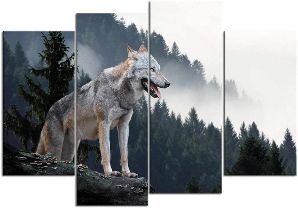 sechars - Animal Wall Art Timber Wolf Hunting in Mountain Picture Canvas Prints 4 Piece Wolf Artwork Stretched and Framed for Modern Home Ofice Living Room Decoration
