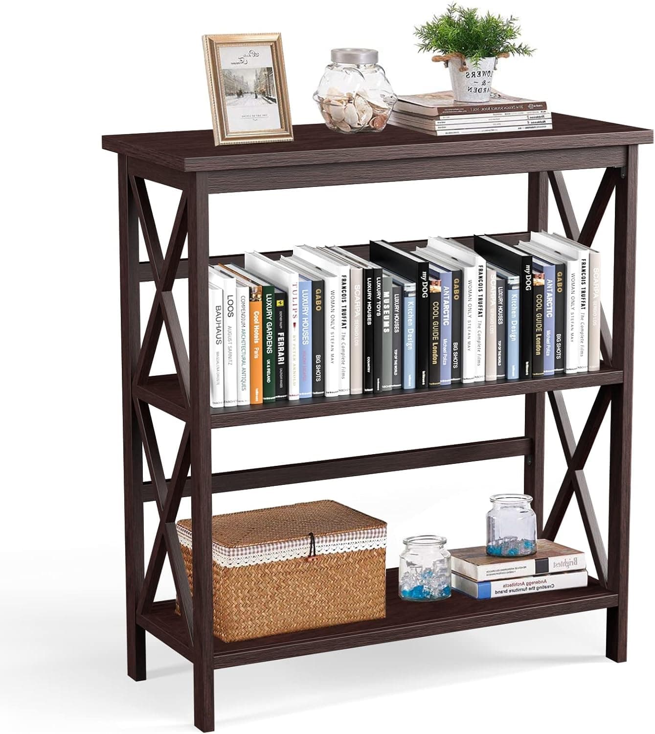 Tangkula 3-Tier Bookcase and Bookshelf, Wooden Open Shelf Bookcase, X-Design Etagere Bookshelf for Home Living Room Office, Multi-Functional Storage Shelf Units for Collection (Espresso)