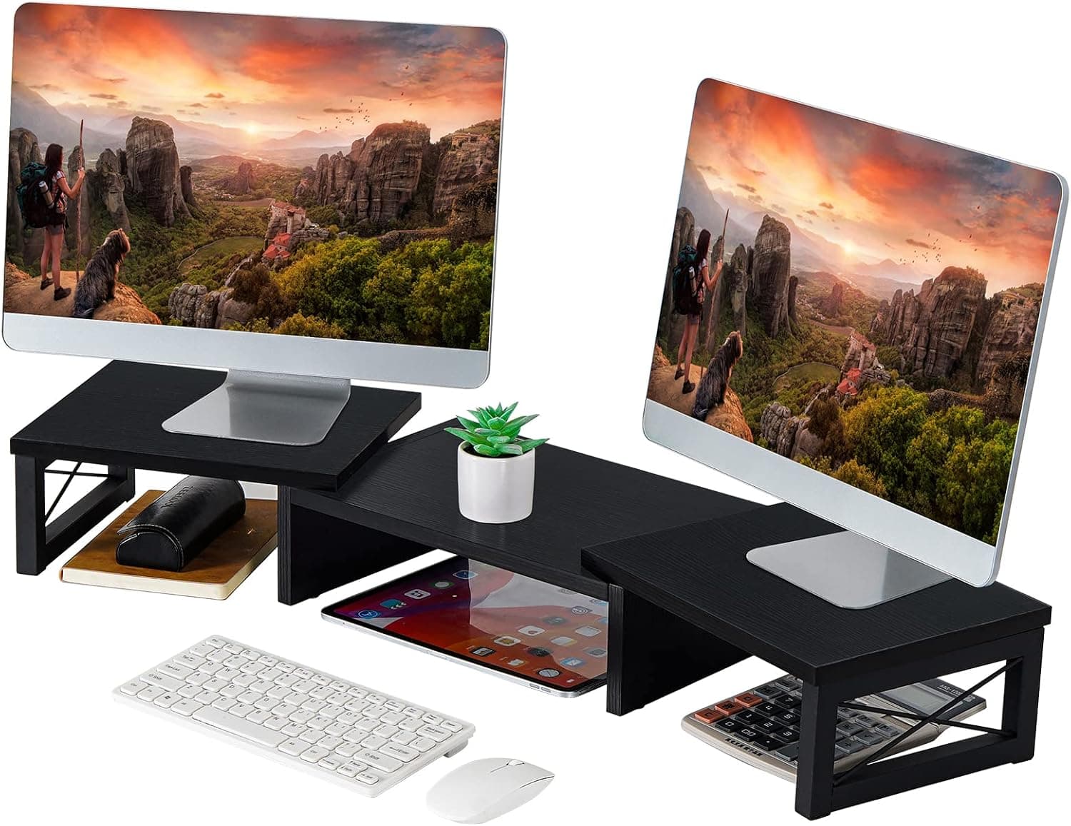 Giikin Dual Monitor Stand Riser- Office Desktop Organizer Stands for 2 Monitors Length and Angle Adjustable 3 Shelf, Multifunctional Stand fit Computer, Laptop, PC, TV (Black)