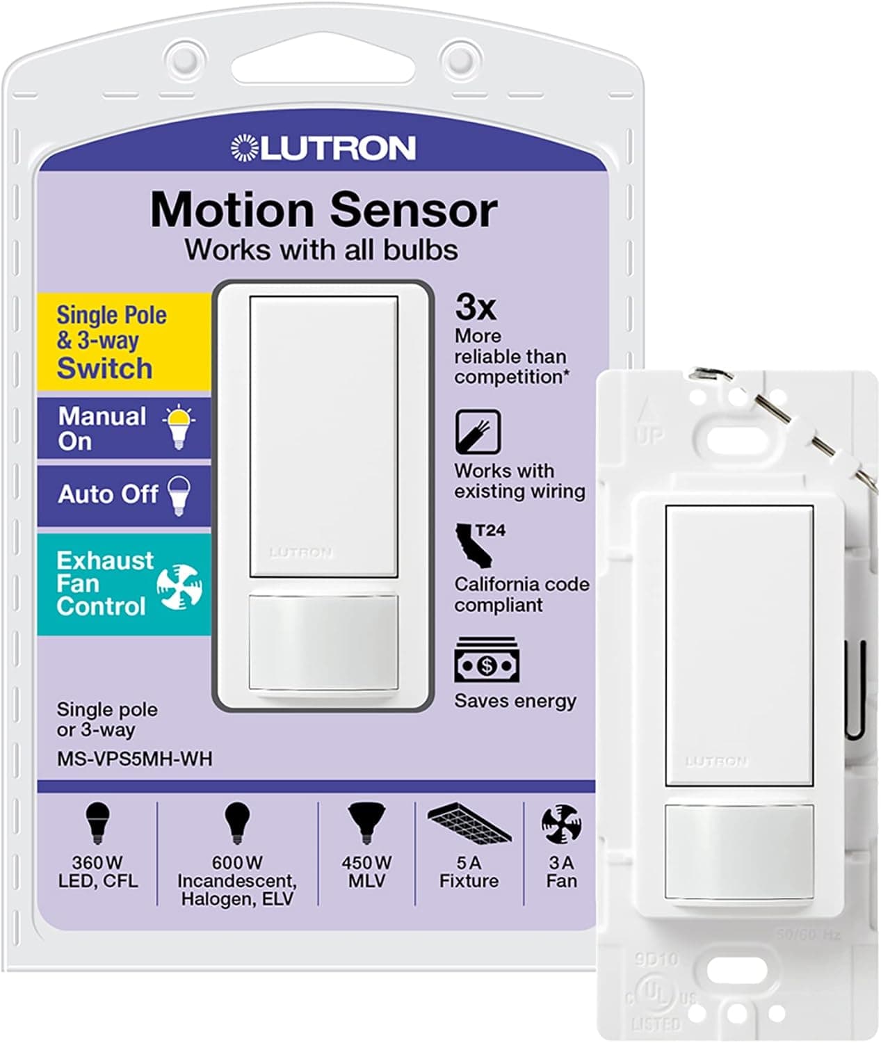 Lutron Maestro Vacancy-Only Motion Sensor Switch | 5 Amp, Single-Pole/Multi-Location | MS-VPS5M-WH, White