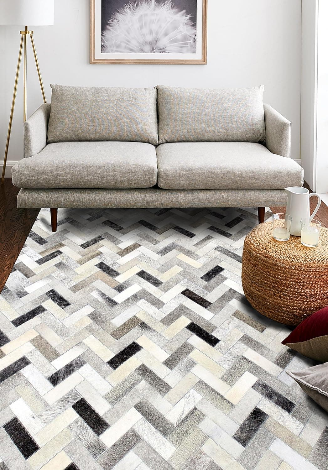 Bashian Santa Fe Collection H12 Hand Stitched Leather Area Rug, 5x8", Ash