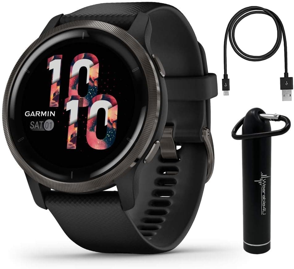 Wearable4U Garmin Venu 2 GPS Sport Fitness Smartwatch, Slate Bezel with Black Case and Silicone Band, AMOLED Display, Music Power Bank Bundle