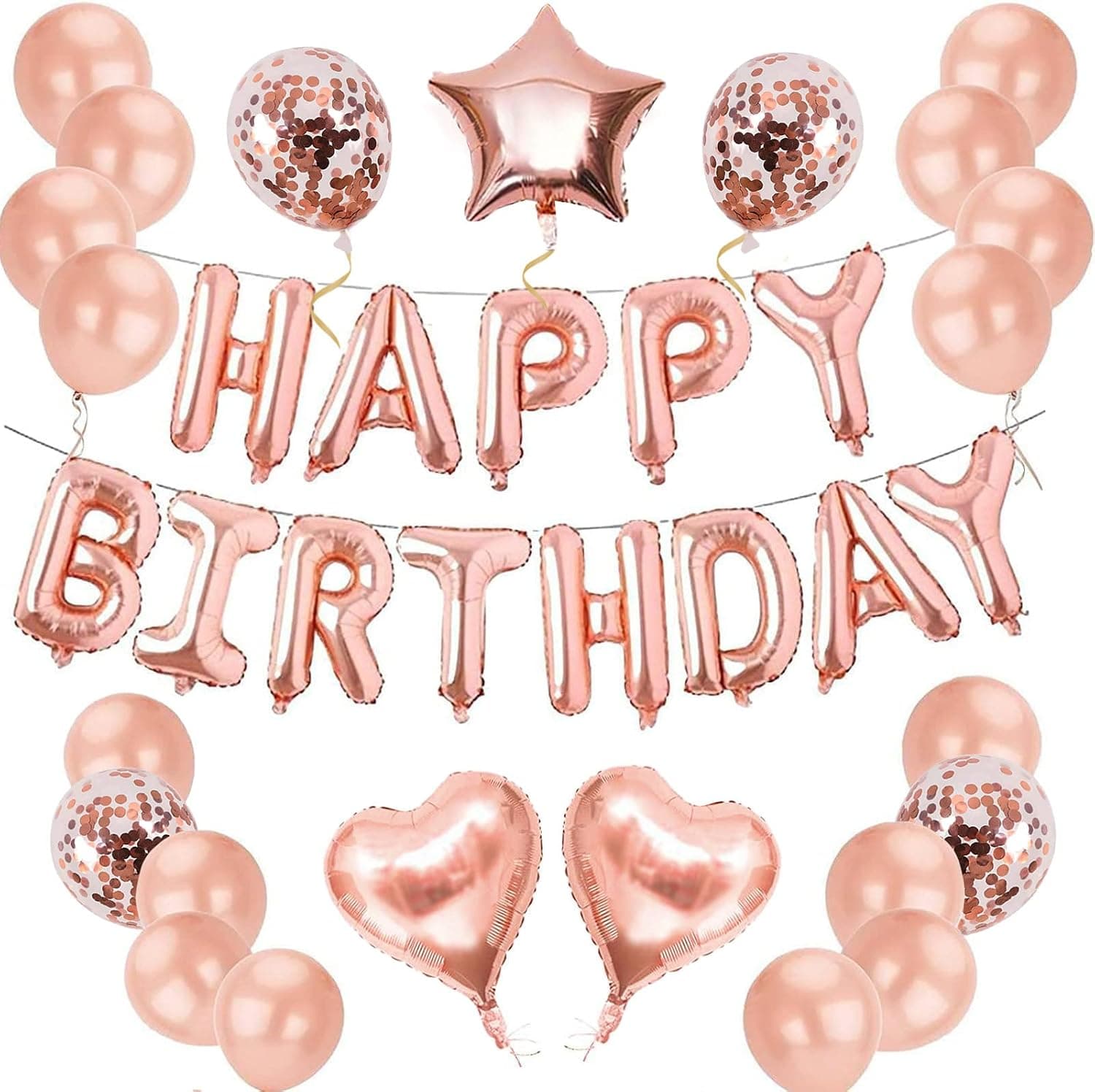 52pcs Pink Rose Gold Birthday Decorations, 3D Mylar Foil Happy Birthday Banner and 18inch Big Heart Star Confetti Latex Balloons, Ecofriendly Party Decorations Supplies for kids Girls Women
