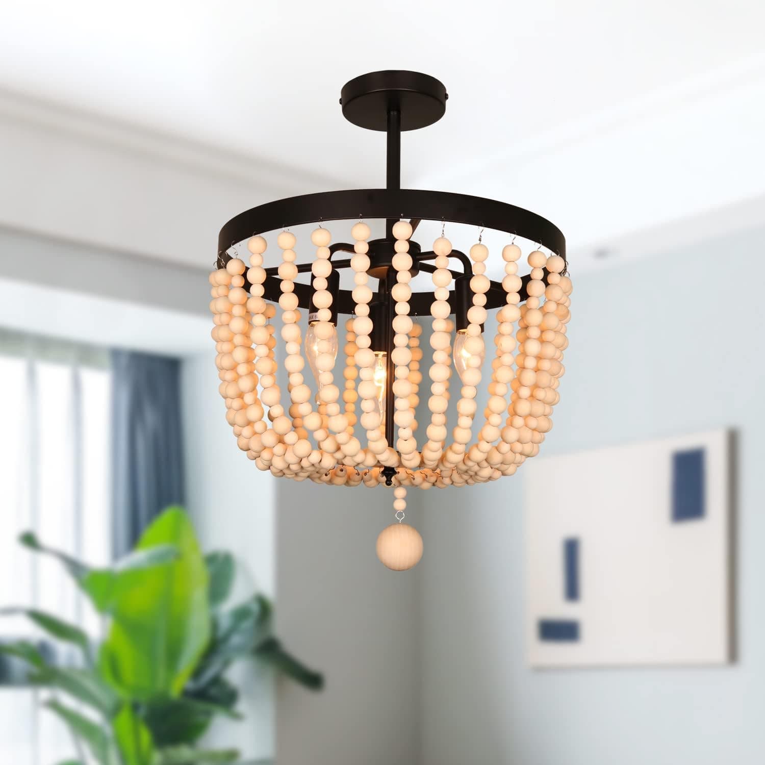UNITARY Farmhouse Bedroom Semi Flush Mount Ceiling Light Brand Modern Black Metal Wood Beads Hallway Ceiling Light Fixture with 3 E12 Bulb Sockets Entryway Flush Mount Light Kitchen Light Fixture