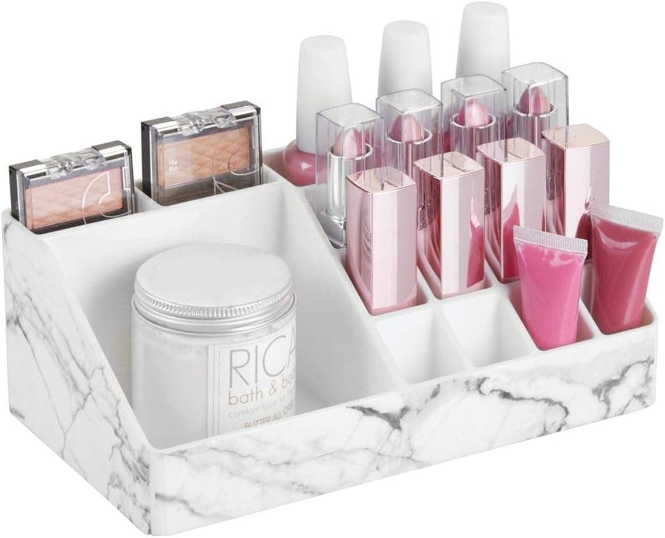 mDesign Decorative Plastic Cosmetic Organizer Storage Center with 16 Sections for Bathroom Vanity Countertop - Hold Makeup Brushes, Lipstick, Lip Gloss, Concealers, Mascara, Eye Pencils - Marble