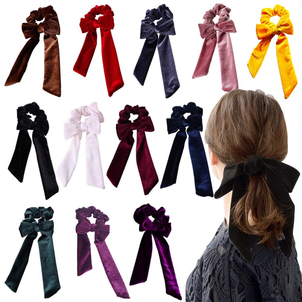 WillingTee 12pcs Hair Scrunchies Bow Velvet Elastics Hair Ties Scrunchy Hair Bands Vintage Aceessories Ponytail Holder for Women Girls