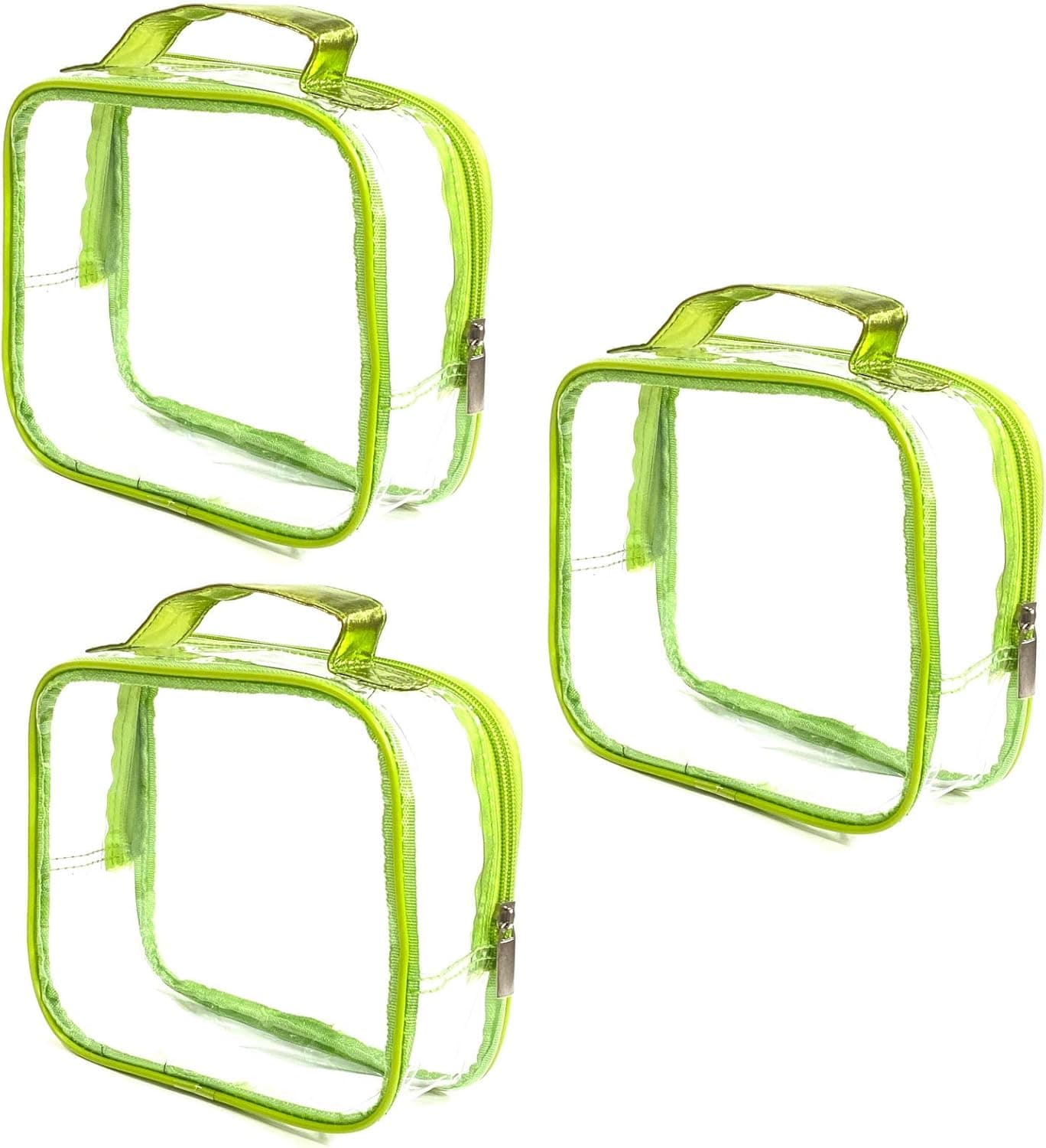 3 AZi TSA Approved Toiletry Bag Crystal Clear w Zipper Green Handle 3-1-1 Carry On Airport Airline Compliant Bag Stadium Travel Cosmetic Makeup First Aid Medication Charger Organizer Gym School Locker