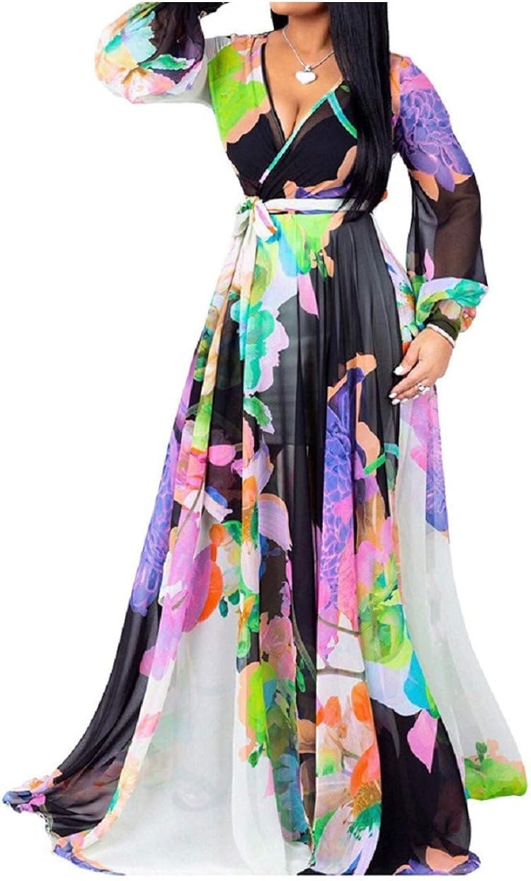 lvenzse Womens Maxi Dress Boho Chiffon Floral Printed Long Party Dresses Plus Size with Belt (S-5XL)