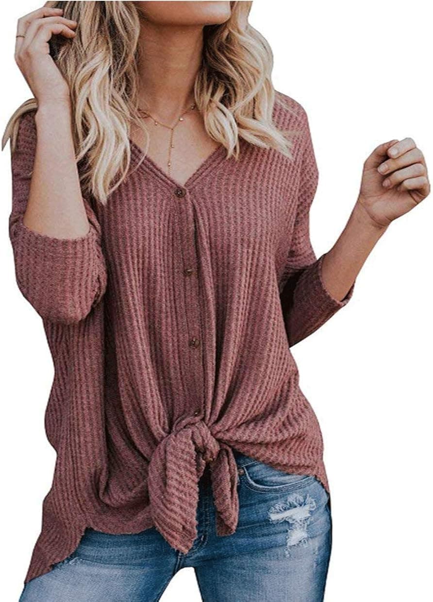 Hervive Women's Casual Waffle Knit Tunic Blouse Tie Knot Henley Tops Bat Wing Plain Shirts
