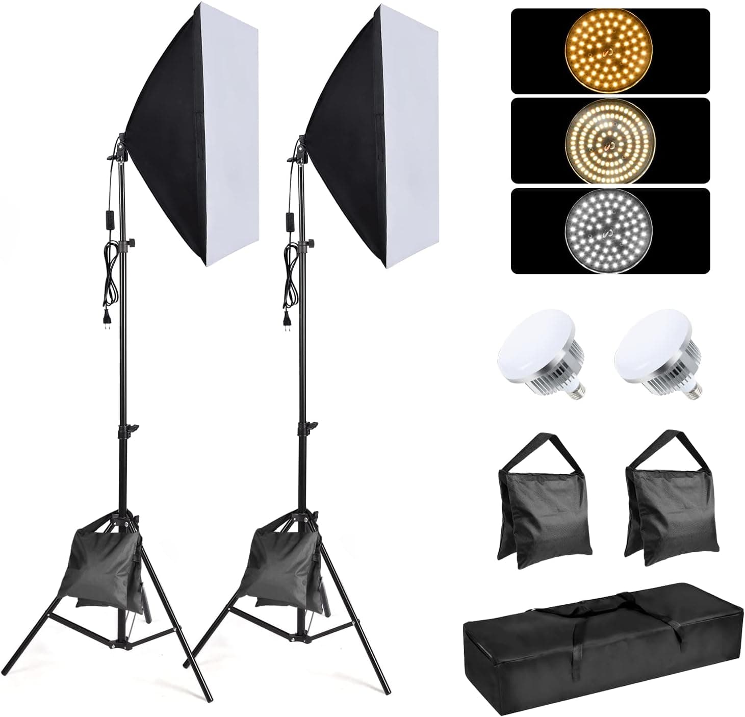 Aqirui Softbox Lighting Kit with Sanbag, 85W 2700-6500K LED Dimmable Tricolor Bulbs, 20"x 28" Softbox Photography Lighting Equipment for Filming Product Portraits and Video