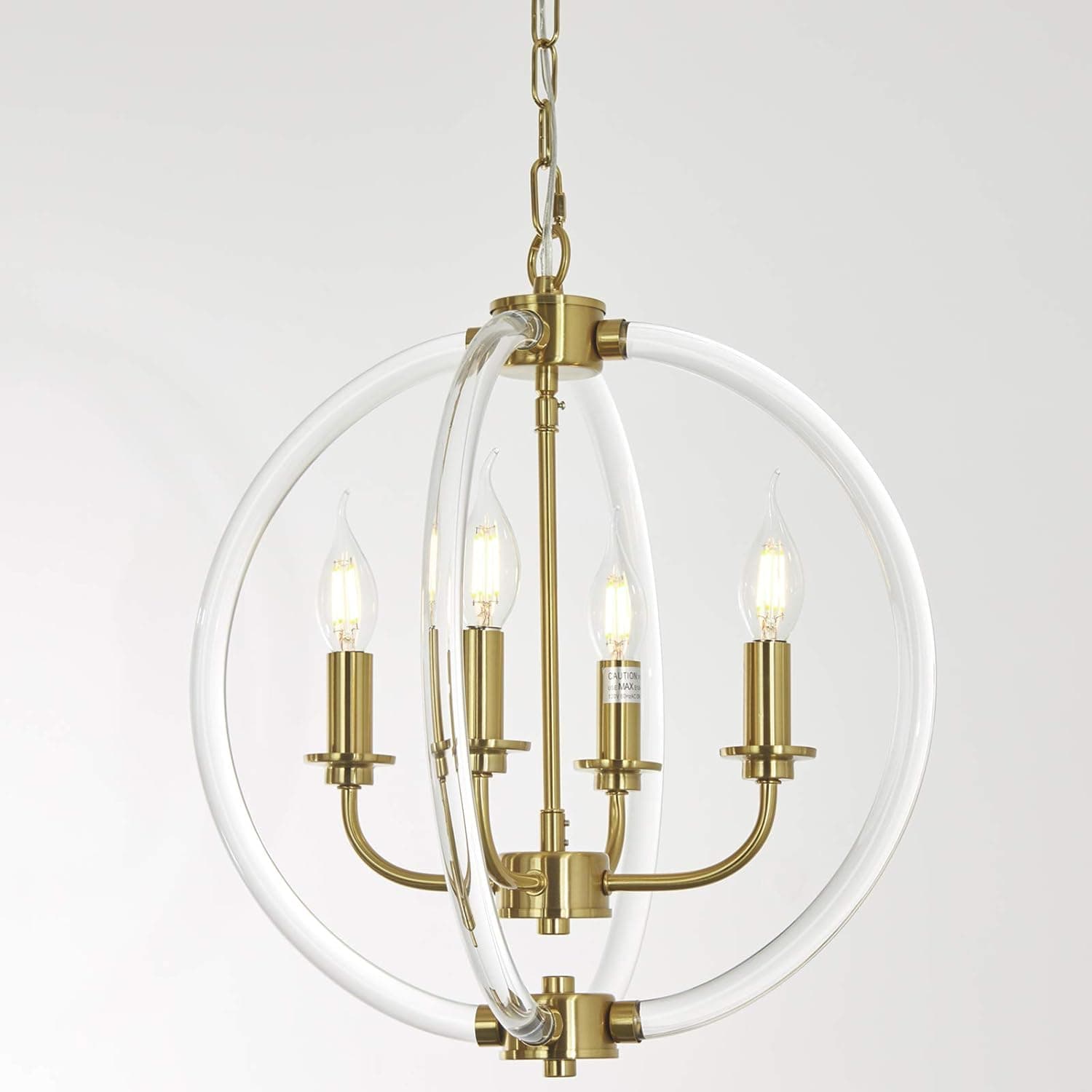 Reaketon Modern Pendant Light Farmhouse Chandelier, 4 Light with Clear Acrylic Lampshades and Brass Finish, Pendant Lighting for Kitchen Island, Dining Room, Bathroom and Foyer