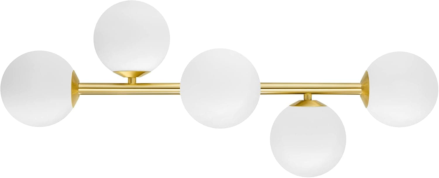 Arrebol Home Bathroom Light,Mid Century Luxurious Vanity Light,Semi Flush Globe Ceiling Light,Brushed Gold Bathroom Light,Milk White 5 Globe Bathroom Light Fixture