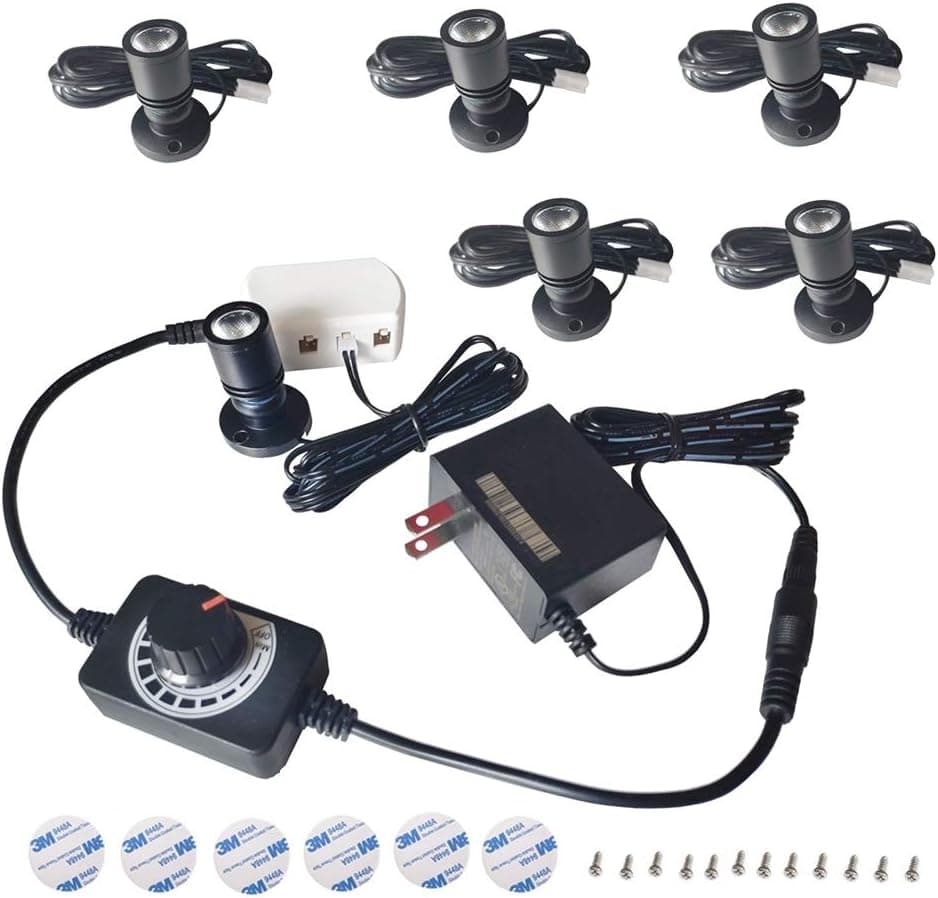 (Generation II) Black Mini Display Lights with Dimmer,Small,100-Lumens, Uniform Light Without Dark Spots(Daylight White 6000K, Pack 6 with Rotary Dimmer)