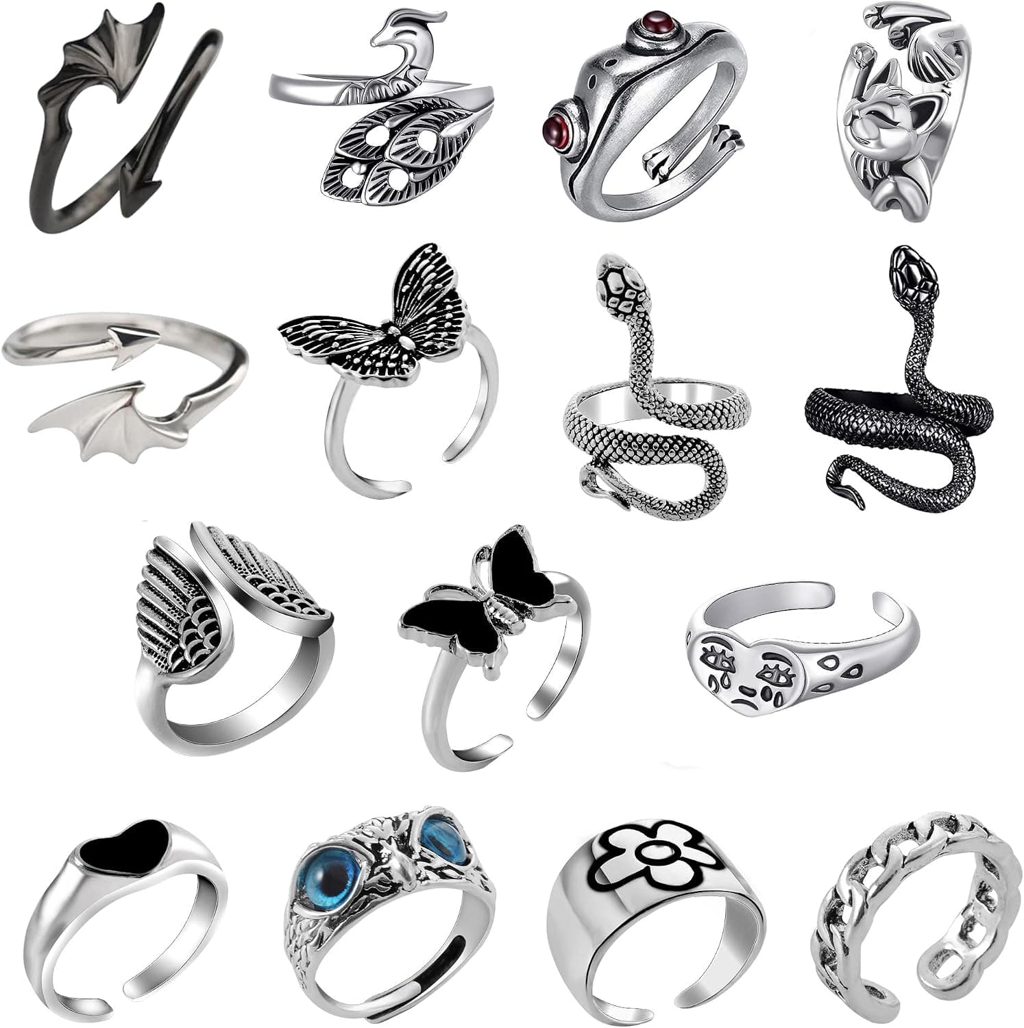 MOROTOLE 16 Pcs Punk Ring Set For Women Gothic Ring For Women Cute Animal Open Rings Vintage Butterfly Snake Adjustable Ring Set
