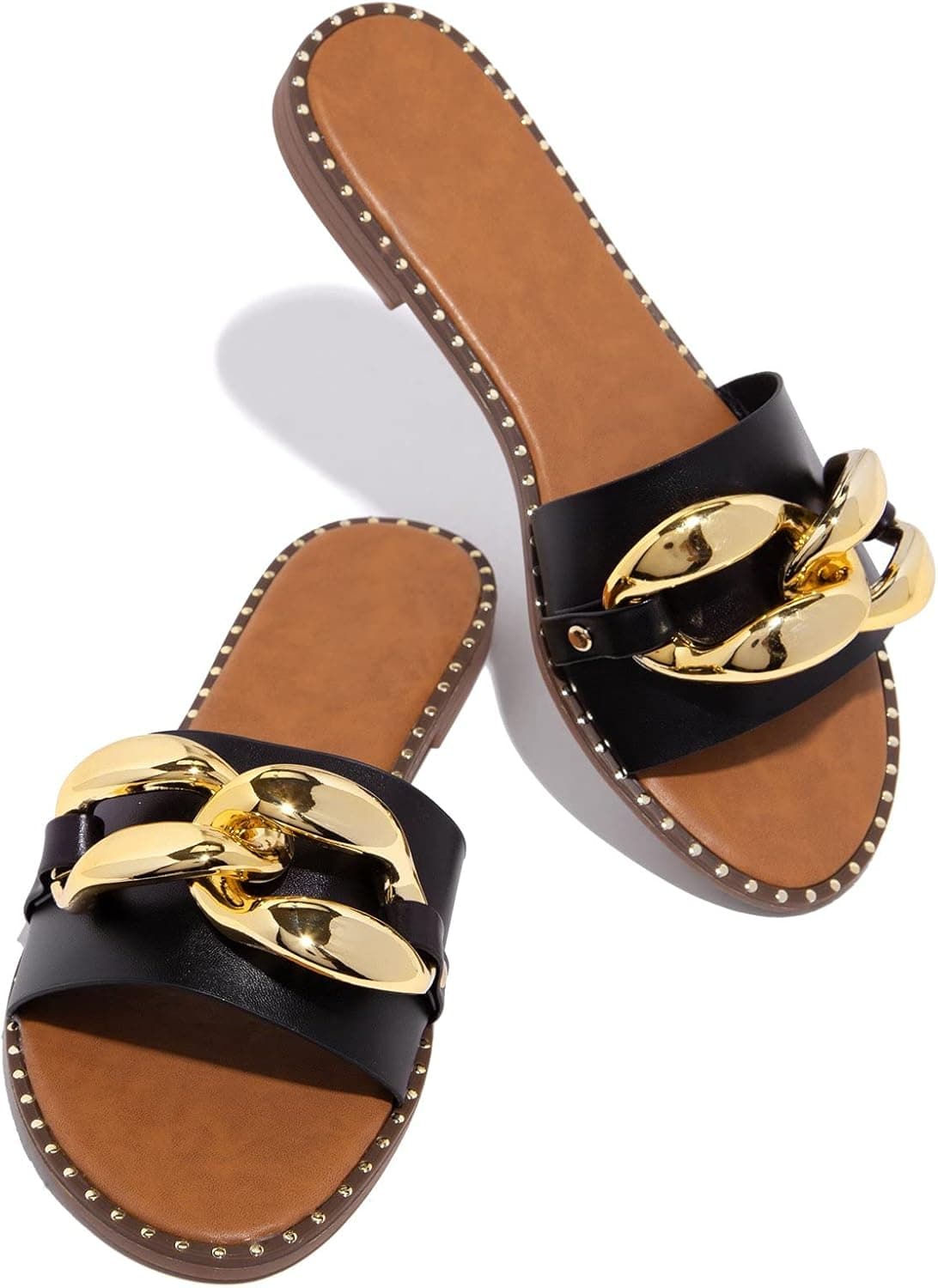 Women's Leather Flat Slippers Metallic Link Chains Slip On Summer Indoor and Outdoor Slide Sandals (A2 Black, medium), Medium Wide