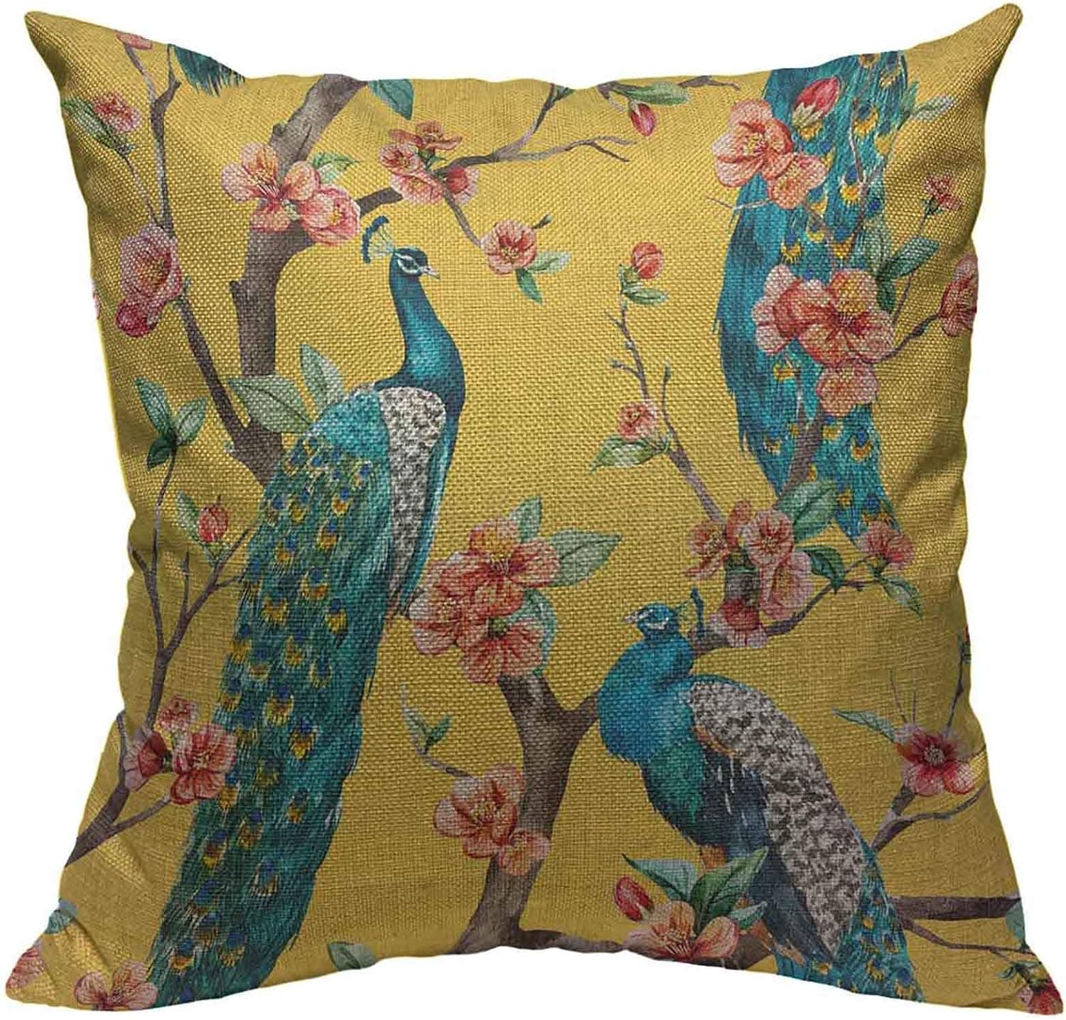 VERSUSWOLF Throw Pillow Covers Vintage Watercolor with Peacock On Tree Cherry Flowering Trees with Flowers Yellow Colorful Bird Cotton Linen Decorative Square Pillowcases Cushion Cover 18 X 18 Inch
