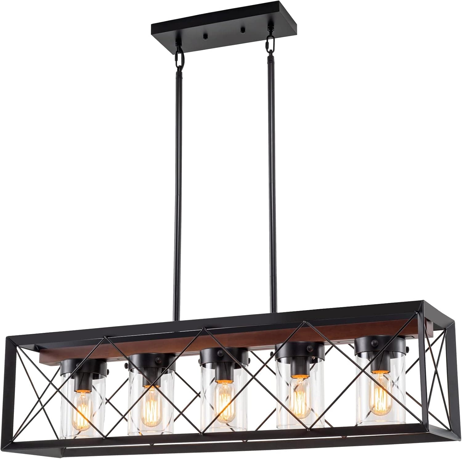 Island Lights for Kitchen, 35.6" Black Metal Glass 5-Light Farmhouse Ceiling Hanging Chandelier,Rustic Brown Wood Pendant Lights,Large Table Lighting Fixtures for Dining Room Kitchen Indoor,UL Listed