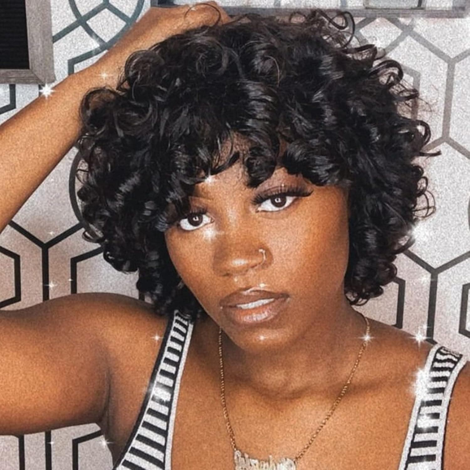 Short Soft Curly Wig with Bangs Fluffy Bouncy Curly Human Hair Wigs with Bangs Rose Curly Afro Wigs for Black Women Glueless Brazilian Remy Funmi Curls Kinky Curly Wavy Black Wig with Bangs（1b# 10inch）