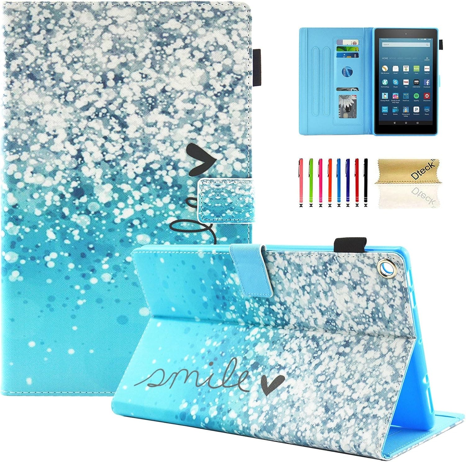 Dteck Case for Fire HD 8 Tablet 2018/2017/2016, PU Leather Magnetic Cute Folio Smart Stand Pocket Case Cover with Stylus Pen for All-New Kindle Fire HD 8 8.0 Inch 8th 7th 6th Generation-Blue Sand