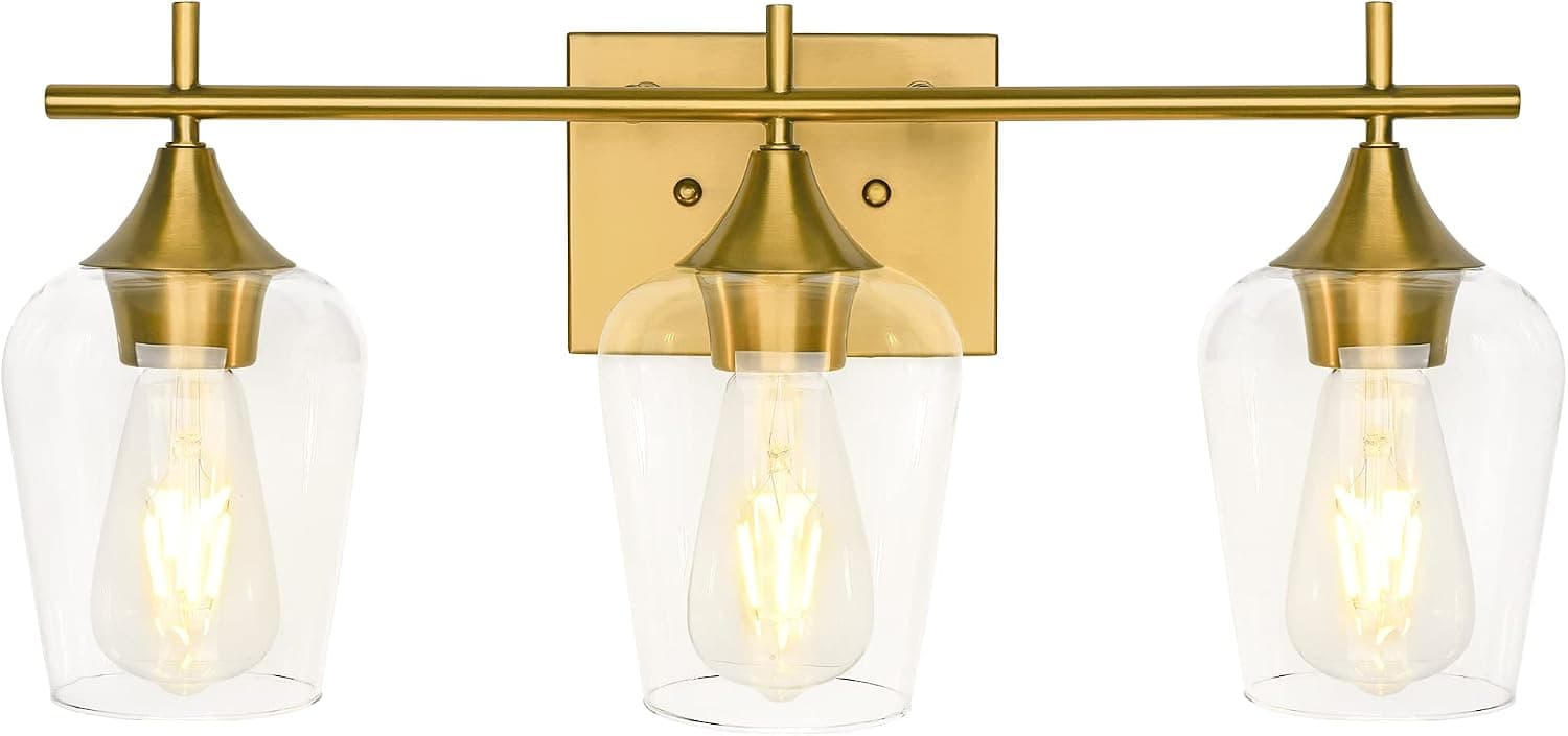 Henveton 3-Light Gold Bathroom Light Fixtures, Brushed Brass Vanity Lights for Bathroom with Clear Glass Shade Over Mirror for Bedroom Hallway Living Room