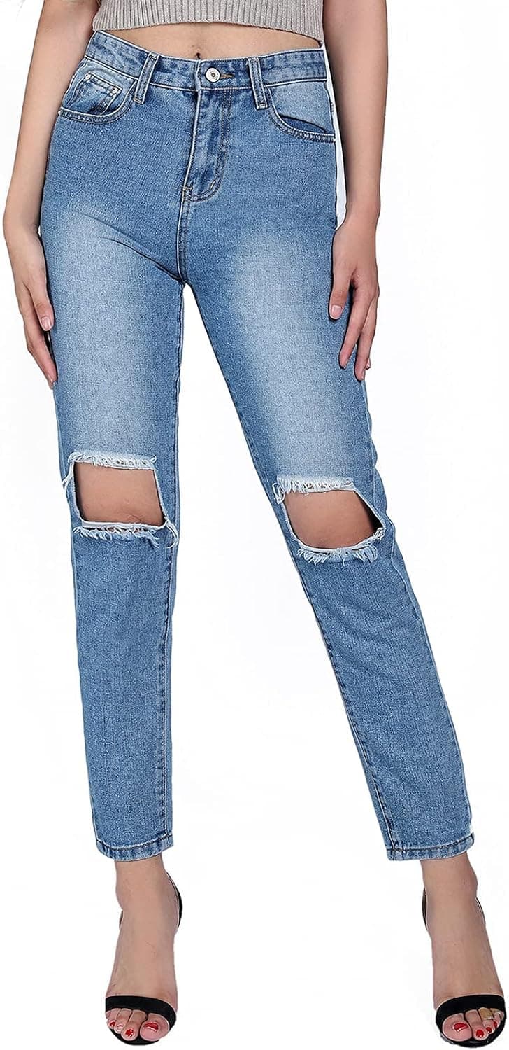 SR SRPEDRO Women's Casual Mid Waist Ripped Jeans Denim Pants High Waist Skinny Stretch Ripped Jeans Comfy Destroyed Jeans with Holes