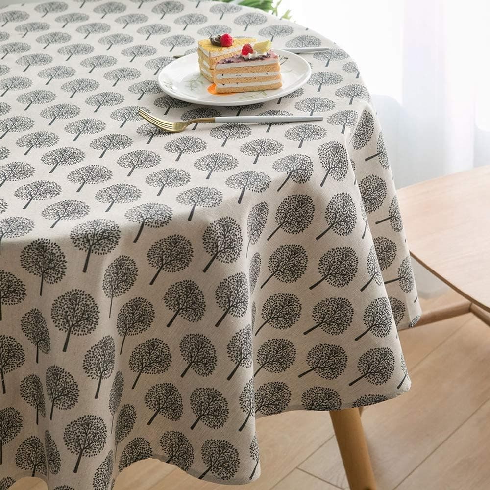 Lahome Rustic Tree Pattern Round Tablecloth - Cotton Linen Washable Table Cover Kitchen Dining Room Restaurant Party Decoration (Beige, Round - 60")