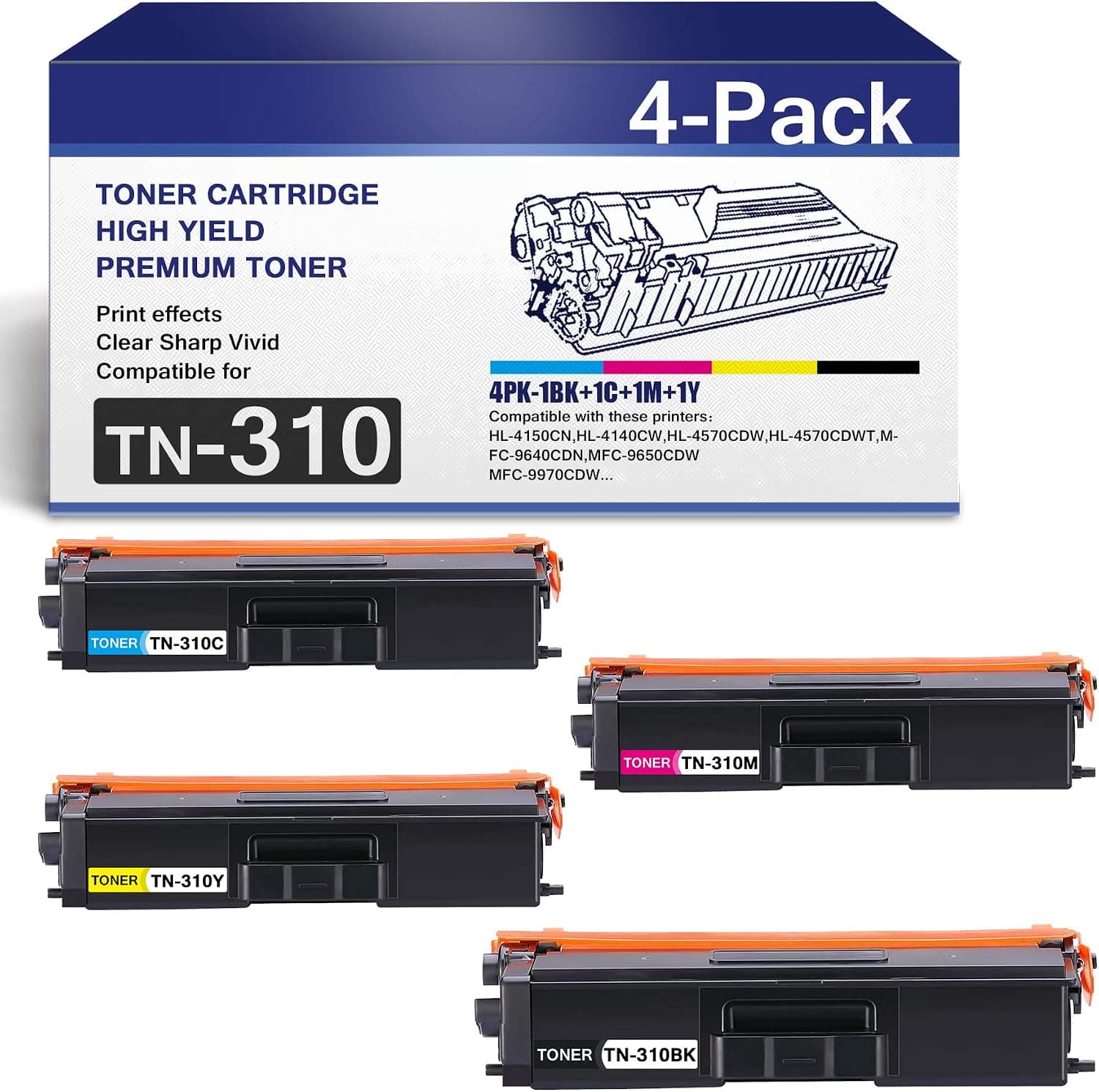 TN310 TN310BK TN310C TN310M TN310Y Toner Cartridge Replacement for Brother TN-310 Series HL-4150CDN 4140CW 4570CDW 4570CDWT MFC-9640CDN Printer Ink Cartridge (Black,Cyan,Magenta,Yellow, 4-Pack).