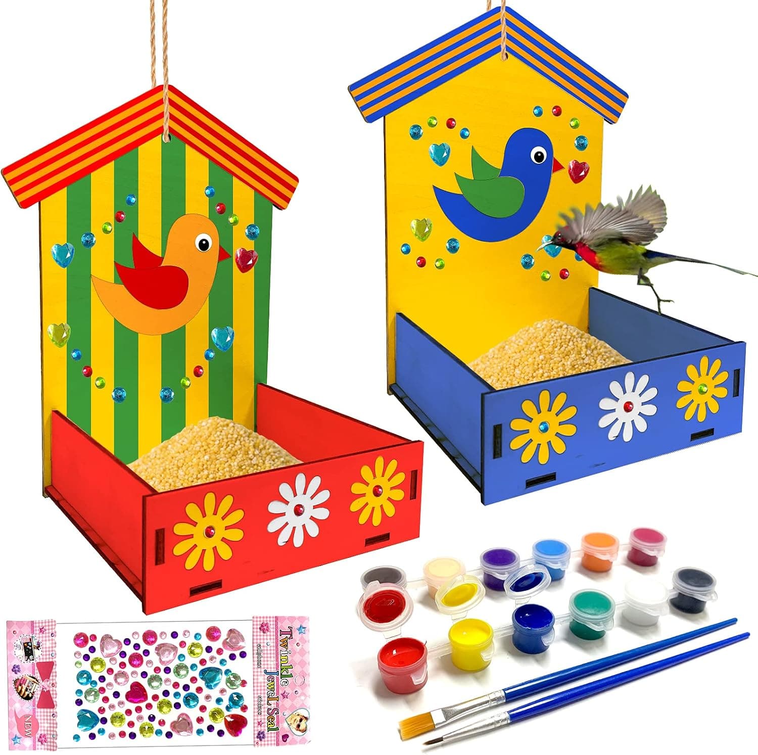 Kids Arts and Craftd Bird Feeders, 2 Pack DIY Wooden Paint Kits Toy for Boy Girls Age 3-5 4-8 8-12, Painting Kit Outdoor Bird House with Stickers Crafts Toys Gift