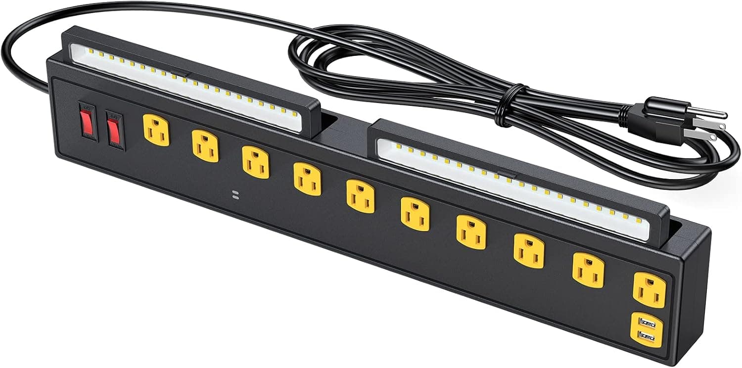 15A Power Strip with LED Work Lights, Surge Protector 10-Outlet Workbench Power Outlets 2 USB, ETL Listed Bench Cabinet Power Strip, 6.56ft Cord