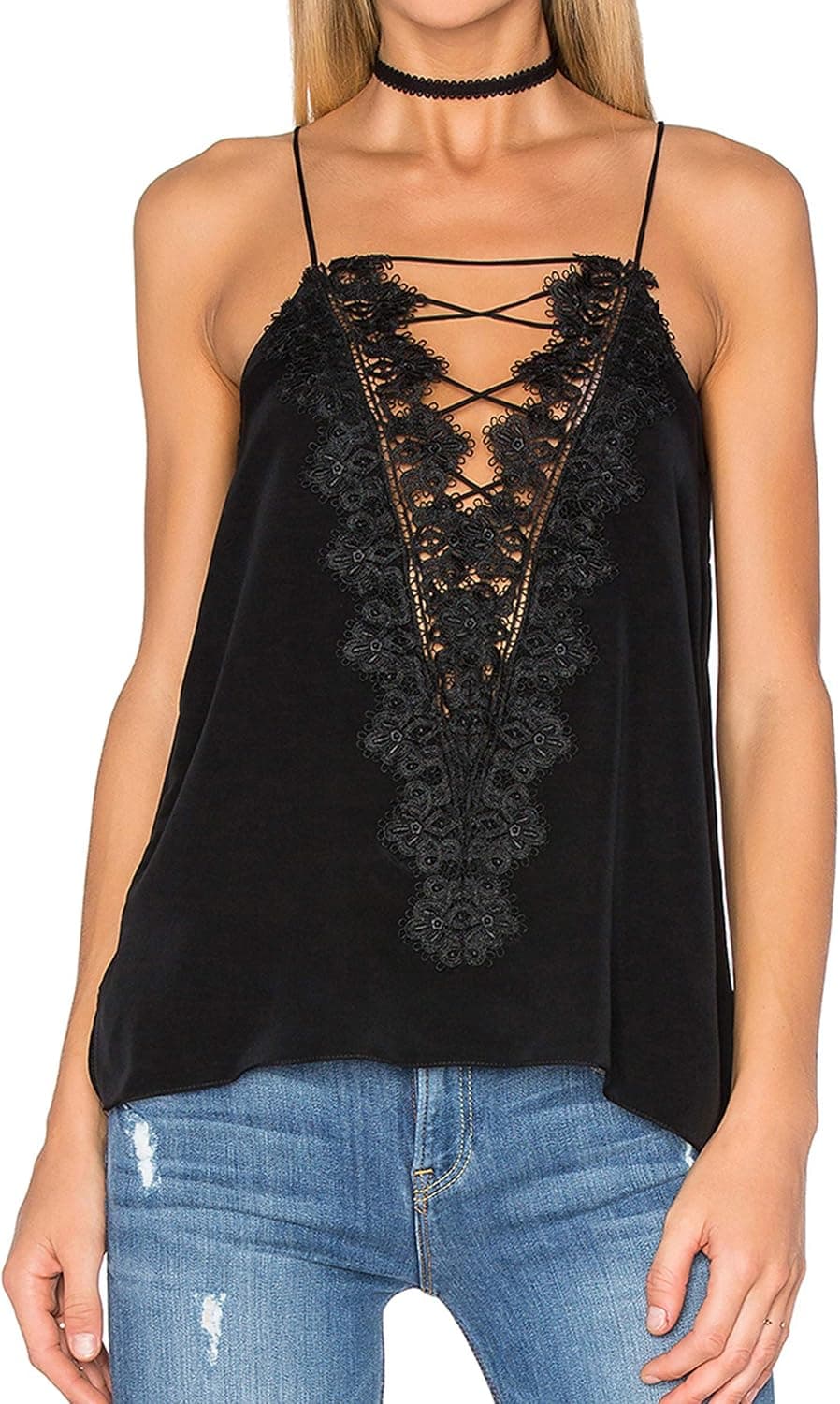 May&Maya Women's Laced Front with Applique Accent Top Tee Tank Cami Vest