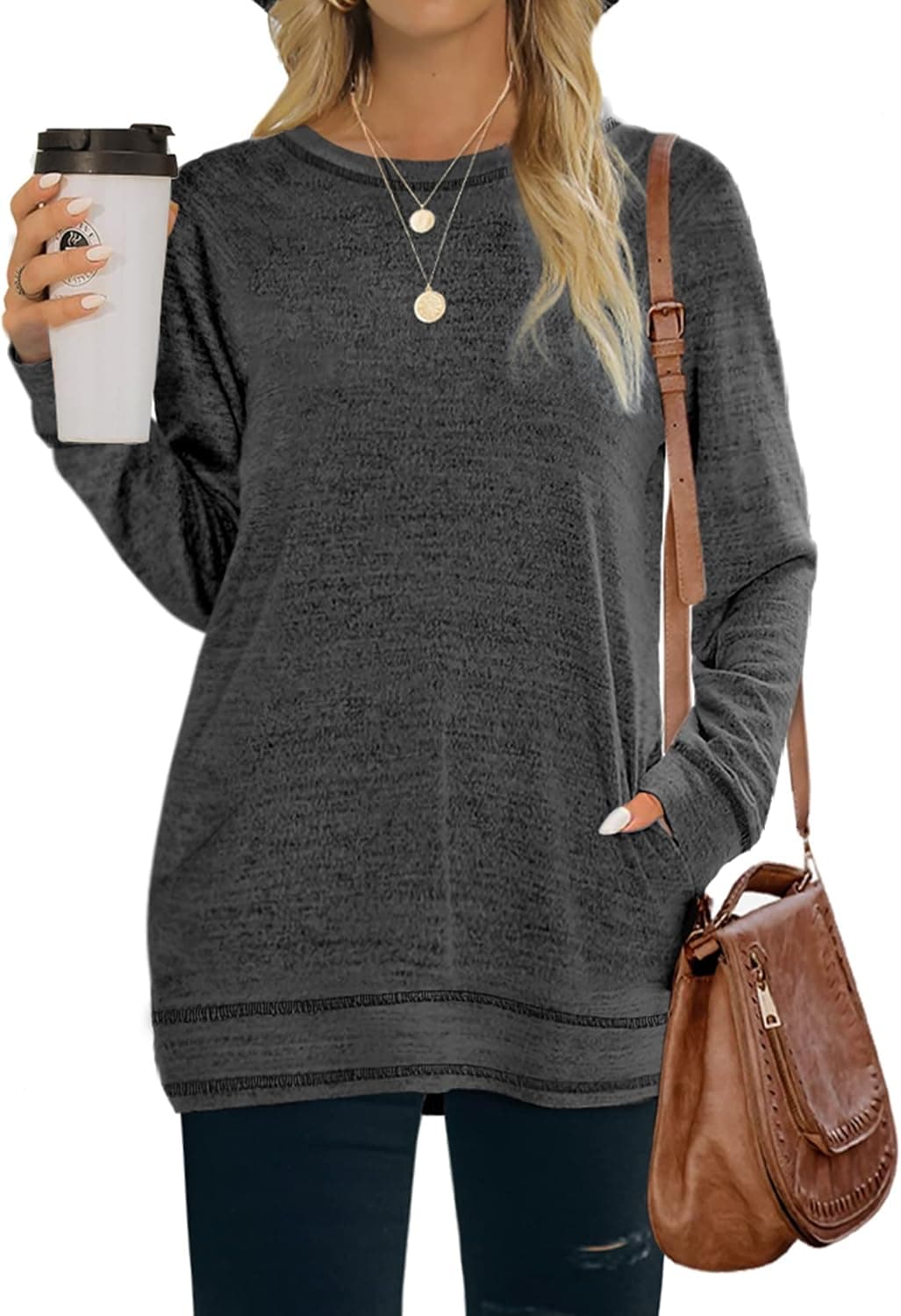 Bofell Womens Sweatshirts Crewneck Long Sleeve Shirts Casual Tunic Tops with Pockets S-2XL