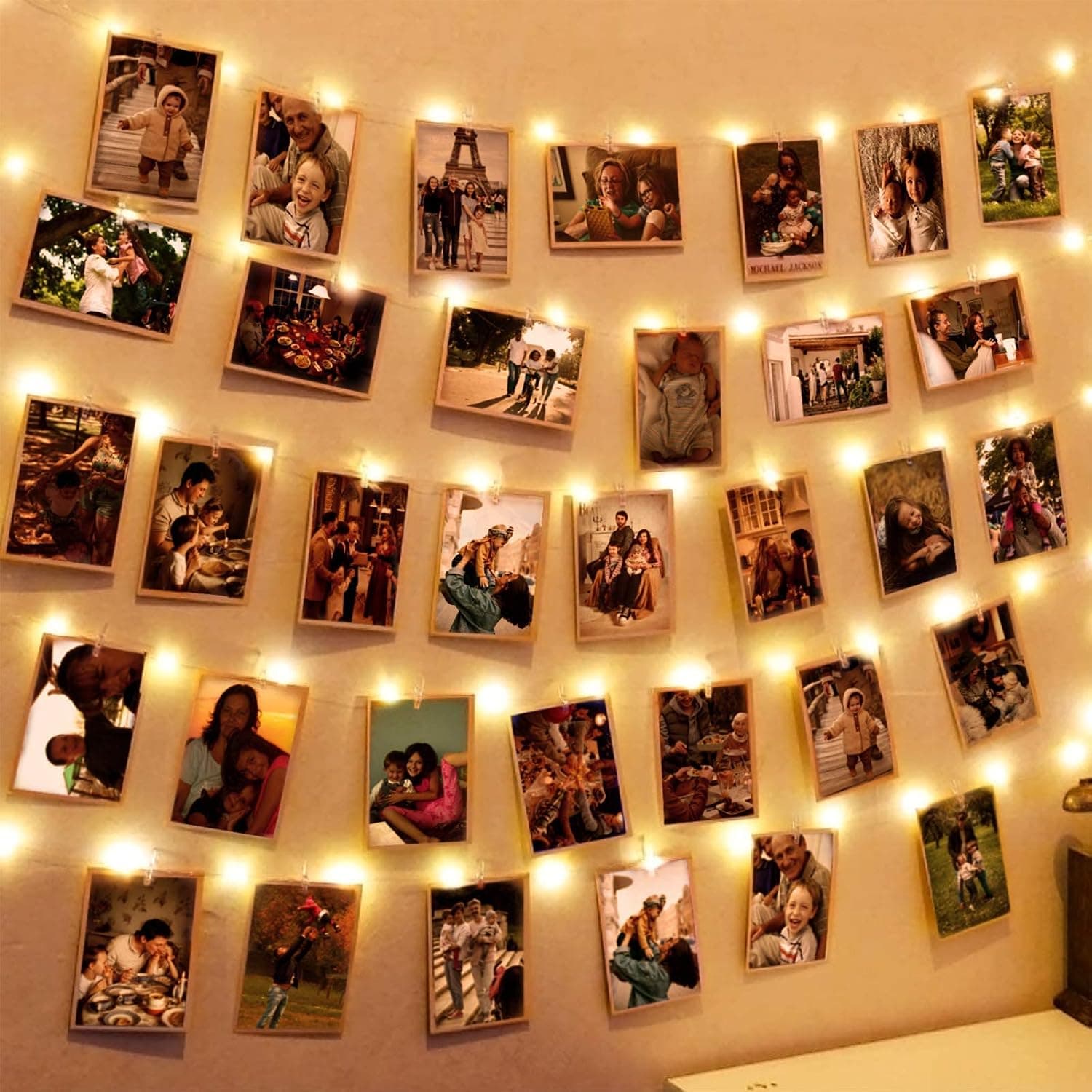 Hatstart 100 LEDs Photo Clips String Lights,33Ft Wall Fairy Lights with 60 Clear Clips,Battery Powered Twinkle Warm White Lighting Clip String for Patio Party Wedding Bedroom Dorm Decorations
