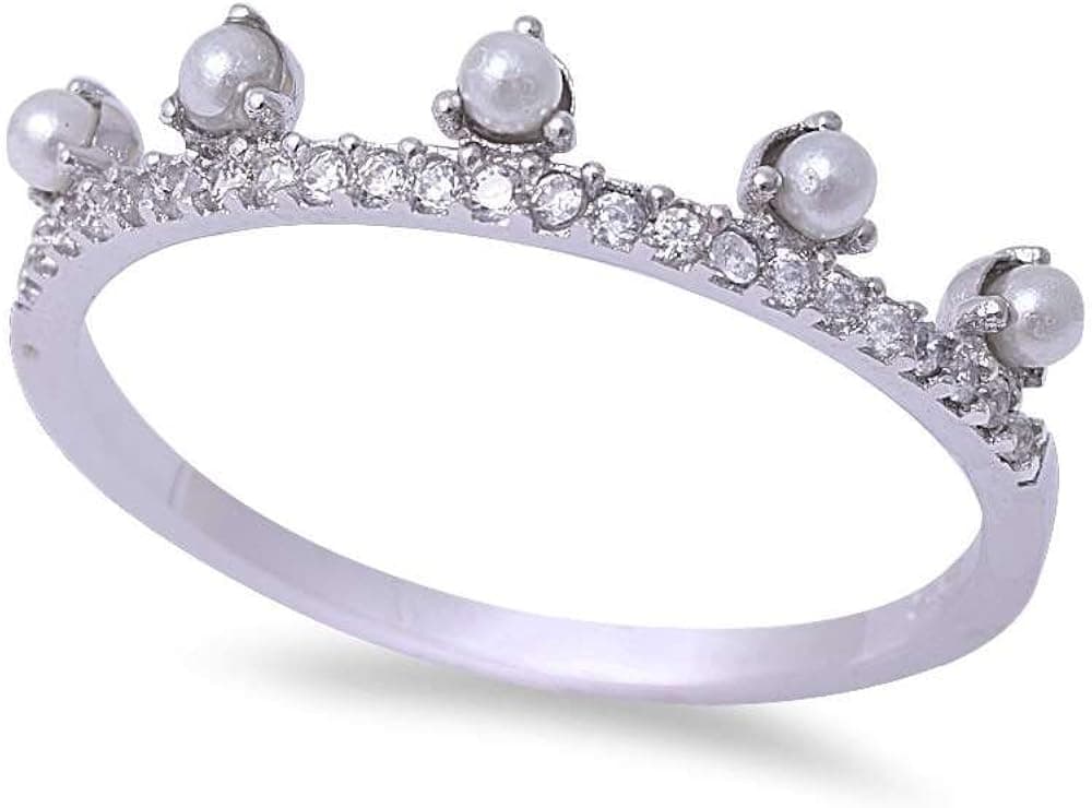 Oxford Diamond Co White Simulated Pearl & Cubic Zirconia .925 Sterling Silver Ring Sizes 5-9