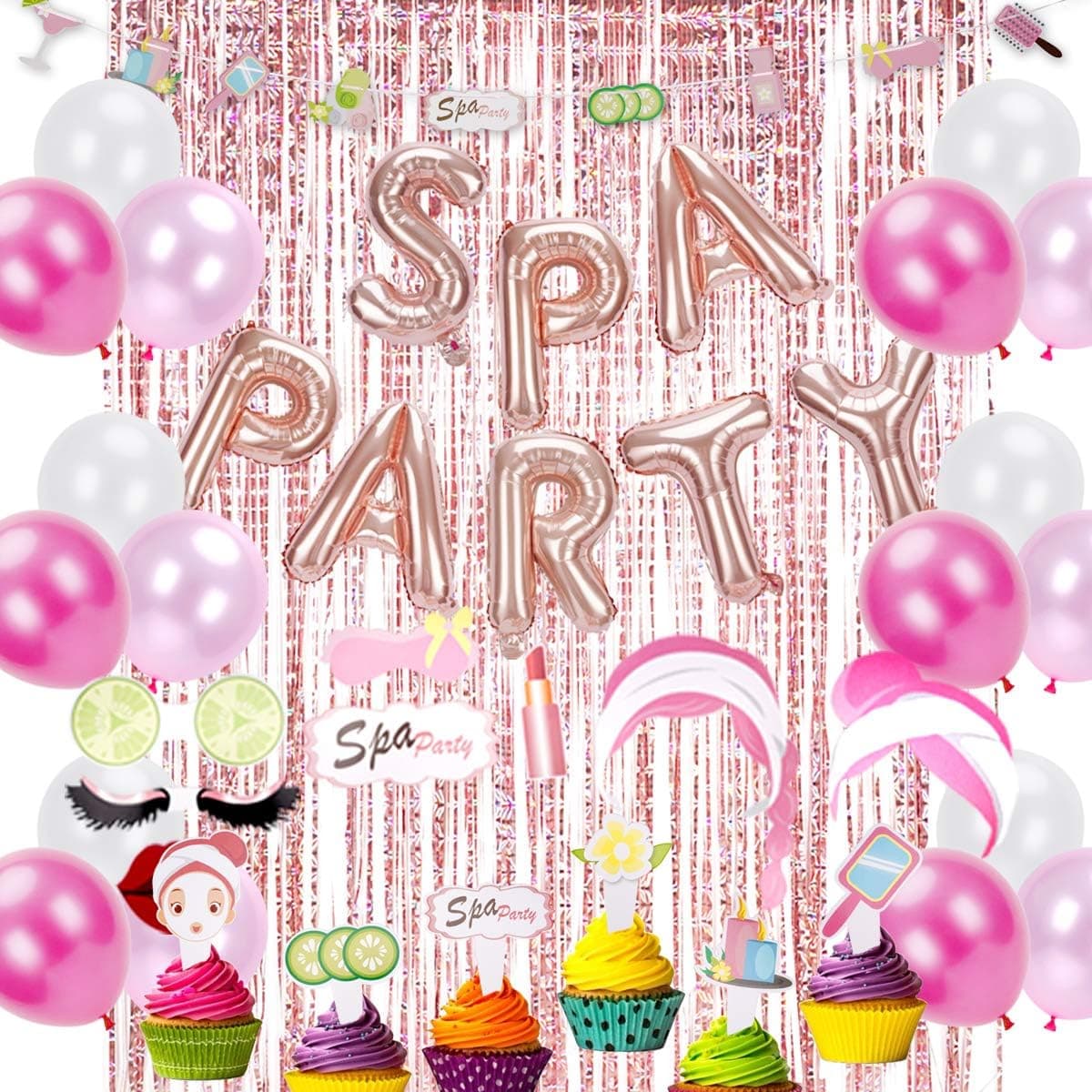 60 PCS Spa Party Decoration Supplies - Spa Party Balloons,Spa Party Garland Banner, Cupcake Toppers,Photo Booth Props and Rose Gold Foil Fringe Curtains for Spa Theme Birthday,Make Up First Birthday