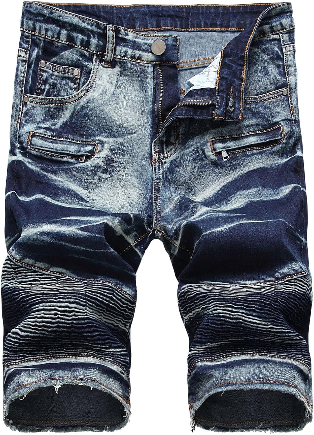 HENGAO Men's Straight Slim Fit Biker Denim Shorts with Zipper Decoration, 1763 Dark Blue, W38