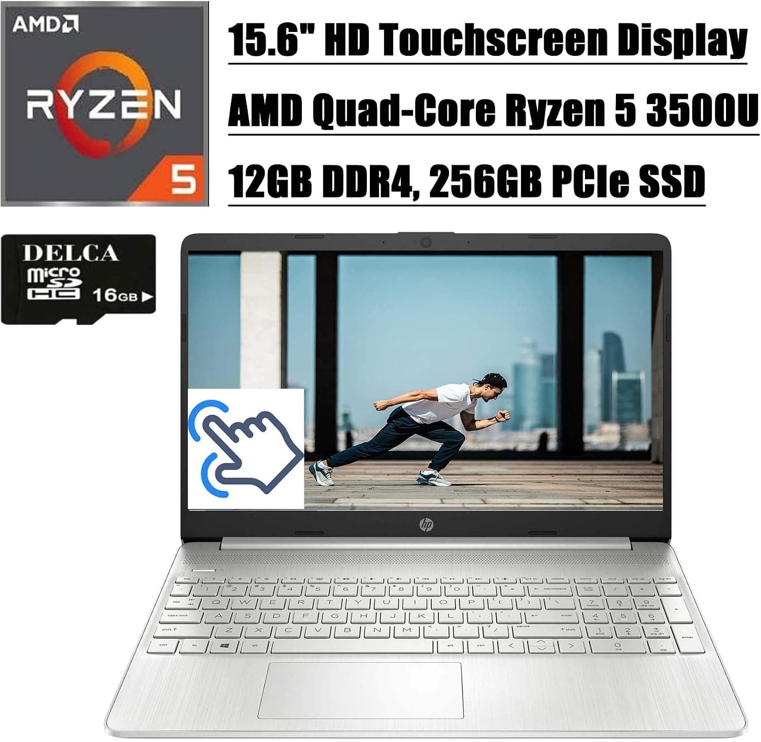 HP Laptop 15 2020 High Performance Business Laptop I 15.6" HD Touchscreen Display I AMD Quad-Core Ryzen 5 3500U(>i7-7500U) I 12GB DDR4 256GB PCIe SSD I WiFi USB-C Win 10 + 16GB Micro SD Card