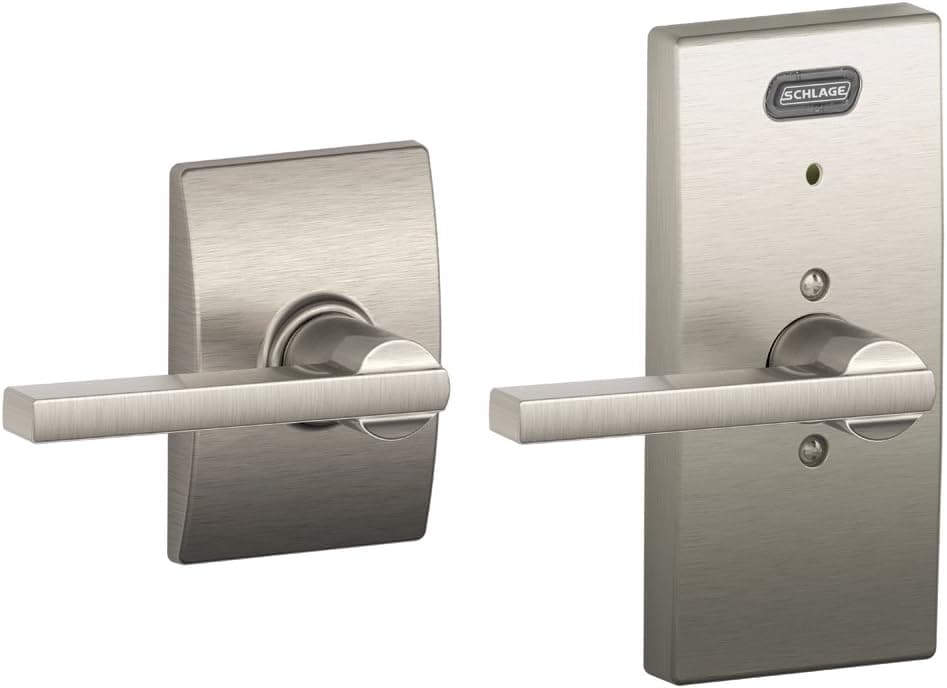 Schlage FE10 LAT 619 CEN Built-in Alarm, Century Collection Latitude Hall and Closet Lever Door Lock, Satin Nickel