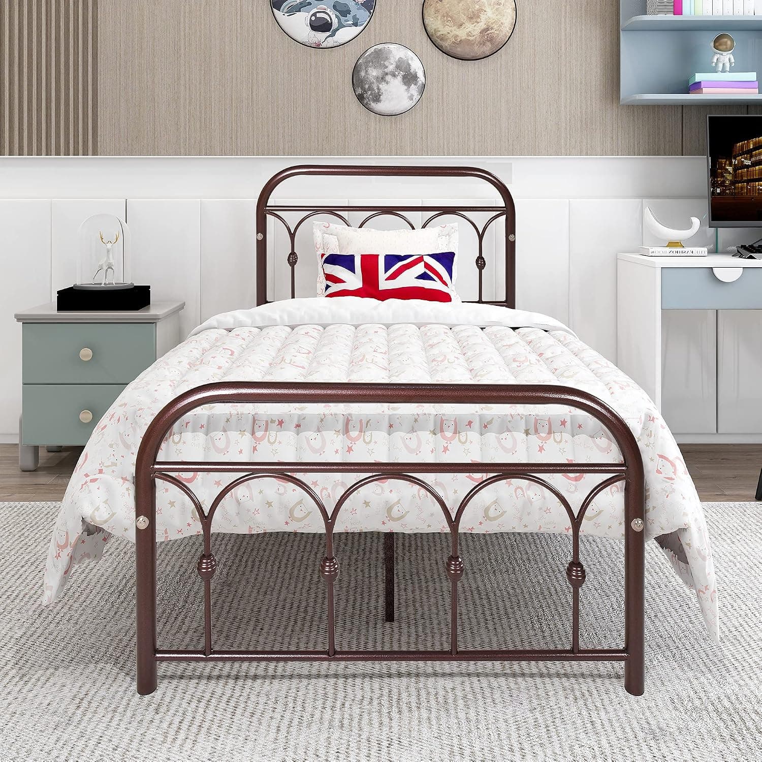 Albearing Twin Size Metal Platform Bed Frame Heavy Duty with Headboard Steel Slat Support, (Twin, Brown)